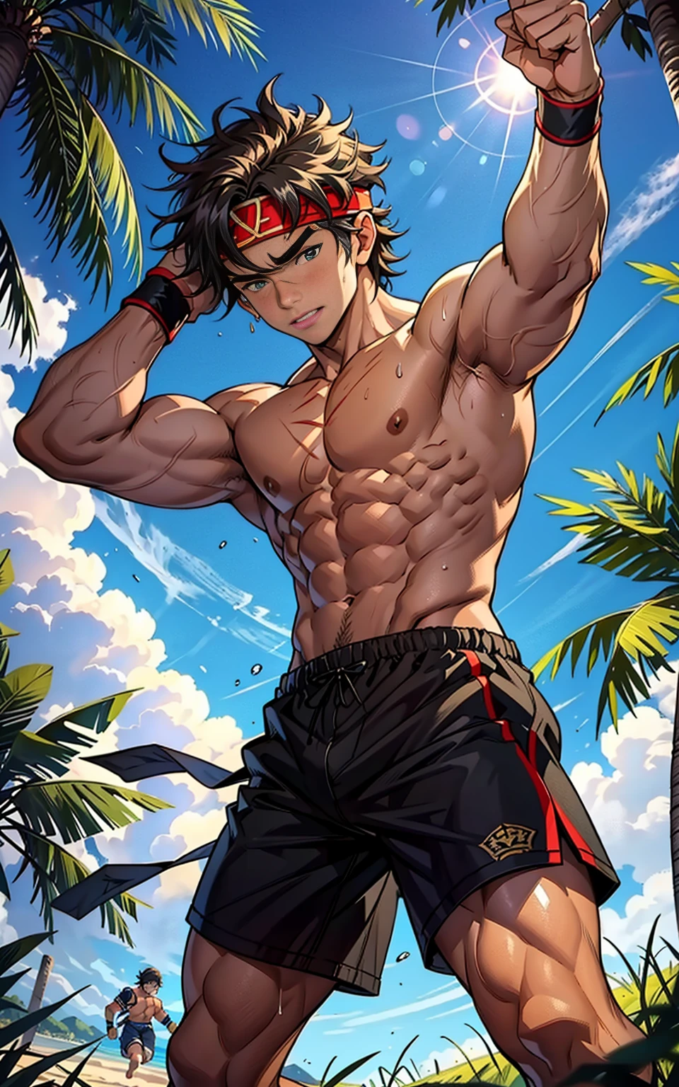 (Masterpiece, Best quality 12 year old boy，Shota), 1boys, Young,Muscular, Short hair, Intricate, Grass, full bodyesbian, Shirtless, Topless, Muscles sparkle in the sun,Black shorts, green headband, Vivid colors,(Depth of field:1.2),(Abs),wristband, dynamic pose, fighting, view the viewer, face forward