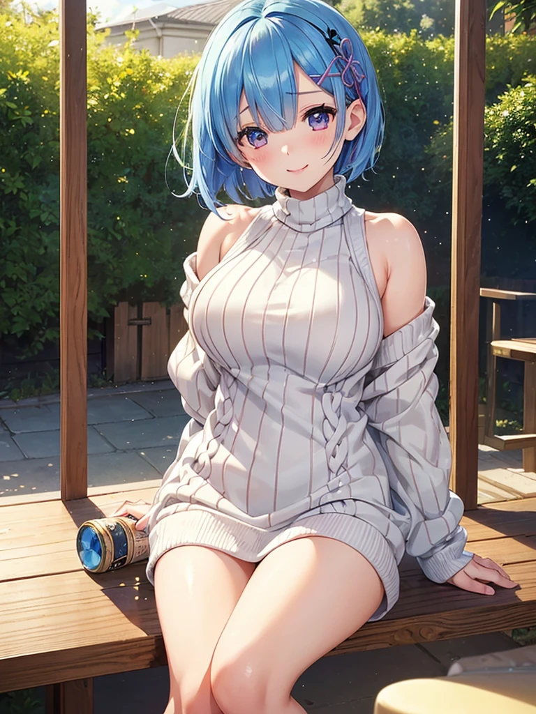 masterpiece,highest quality,High resolution ,1 girl,Rem, Re Zero, blue hair, short hair,straight hair,big breasts,white skin,((sweater,transparent)),((stripe)),((sweaterのみ)),bags under eyes,smile,Chemomimi,happiness,bare shoulders,magnificent々New,cute,