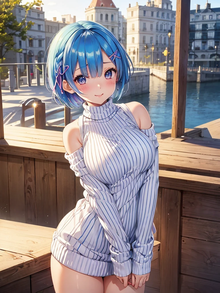 masterpiece,highest quality,High resolution ,1 girl,Rem, Re Zero, blue hair, short hair,straight hair,big breasts,white skin,((sweater,transparent)),((stripe)),((sweaterのみ)),bags under eyes,smile,Chemomimi,happiness,bare shoulders,magnificent々New,cute,