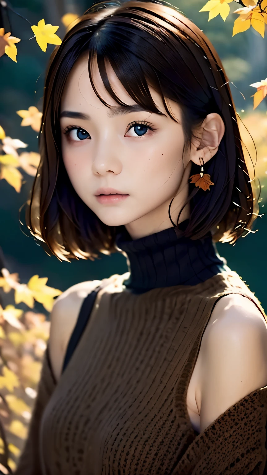 one girl、brunette hair、supermodel with perfect body、short bob、wear(black turtleneck sweater dress)、An ennui look、Detailed body with feminine fit、Detailed skin of skin and face、Depth of bounds written、Skin details、cafe daylight、autum、garden、autumn leaves、RAW photo、highest quality、Highest image quality、ultra high resolution、master piece:1.3、8k