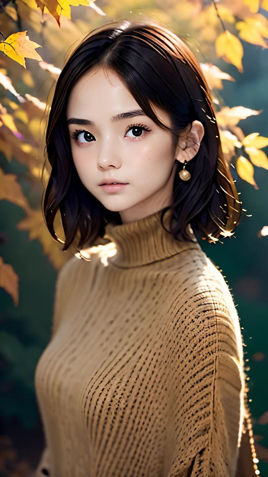 one girl、brunette hair、supermodel with perfect body、short bob、wear(black turtleneck sweater dress)、An ennui look、Detailed body with feminine fit、Detailed skin of skin and face、Depth of bounds written、Skin details、cafe daylight、autum、garden、autumn leaves、RAW photo、highest quality、Highest image quality、ultra high resolution、master piece:1.3、8k