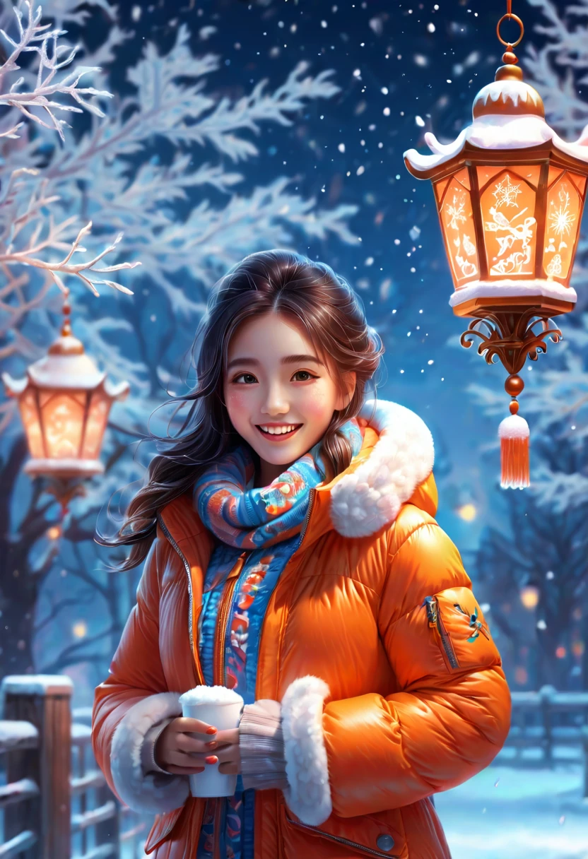 An imaginative and detailed illustration of a fantasy female friend, depicted as a cute and beautiful girl. Her face is lit up with a happy smile, and she is fashionably dressed in a bright orange puffer jacket. The setting is a magical ice sculpture world, with an icy, snowy landscape filled with snowflakes. The girl is a blend of wisdom, beauty, and diligence, representing a sweet and ideal character. The image is created with creative flair, showcasing the girl enjoying herself in this enchanting, frosty environment, embodying a sense of joy and wonder, , (花卉水彩画:1.5)，(超高饱和度, 色彩明亮鲜艳:1.5), (nsfw), (正面看着观众:1.5)