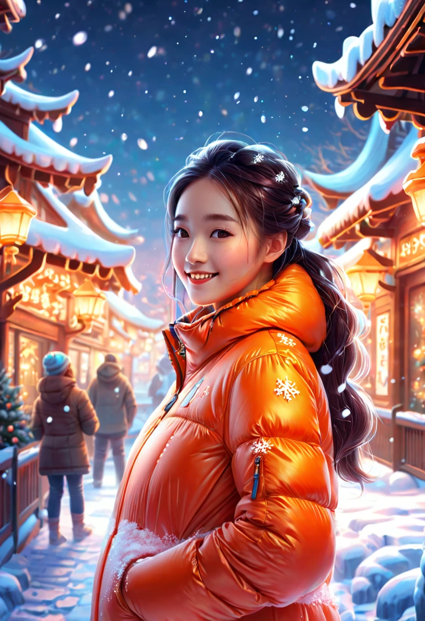 An imaginative and detailed illustration of a fantasy female friend, depicted as a cute and beautiful girl. Her face is lit up with a happy smile, and she is fashionably dressed in a bright orange puffer jacket. The setting is a magical ice sculpture world, with an icy, snowy landscape filled with snowflakes. The girl is a blend of wisdom, beauty, and diligence, representing a sweet and ideal character. The image is created with creative flair, showcasing the girl enjoying herself in this enchanting, frosty environment, embodying a sense of joy and wonder, , (花卉水彩画:1.5)，(超高饱和度, 色彩明亮鲜艳:1.5), (nsfw), (正面看着观众:1.5)