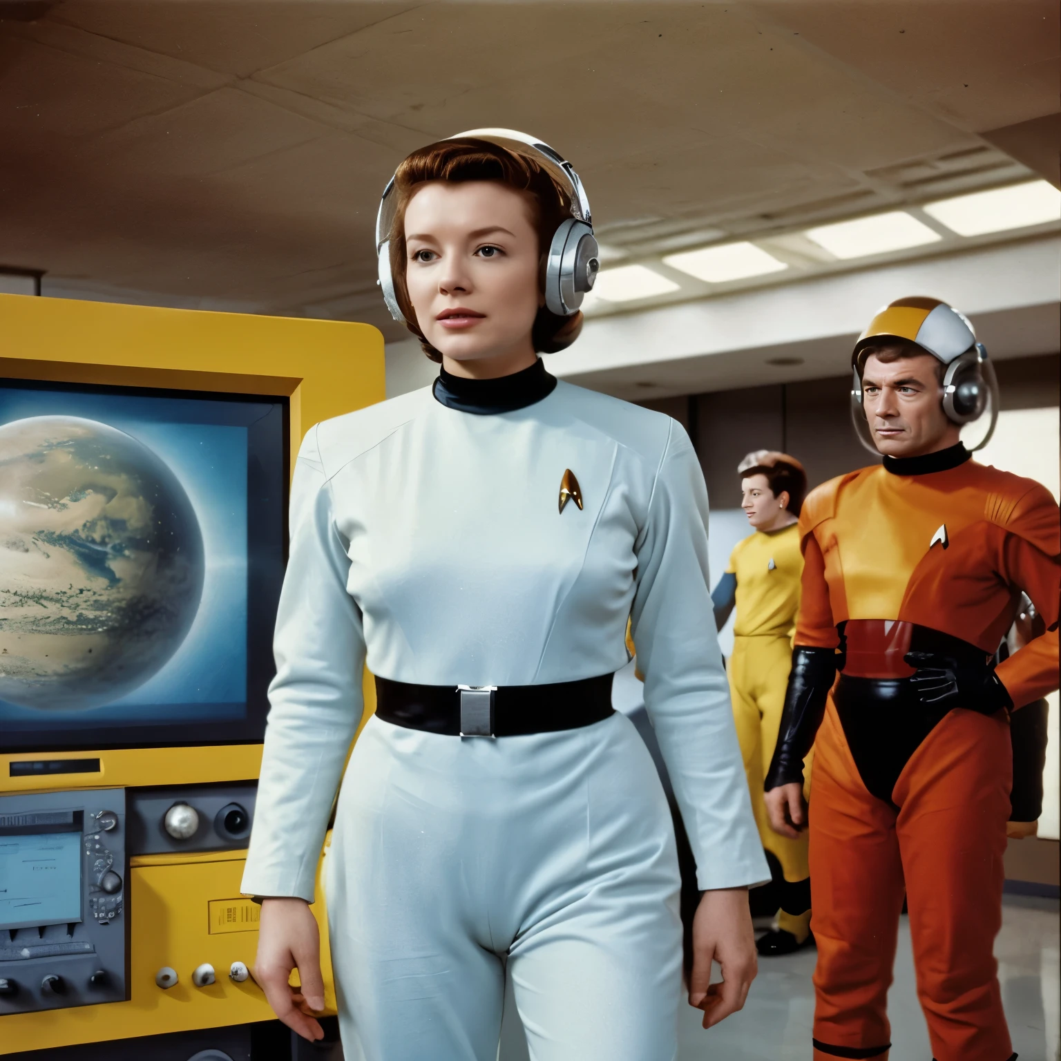 Star Trek-style crew on an alien planet, Lost in Space series style, perfect face Image of a group of people in spacesuits on an alien planet set in a 1950s science fiction TV series, 1950s science fiction, vintage sci-fi, Sci Vintage - Fi, Sci Retro - Fi picture, retro science fiction, Sci Retro - Fi, retro science fiction, Sci-fi dos anos 50, 1950's sci - fi, Uniformes da Frota Estelar, Irwin Allen, Gene Roddenberry