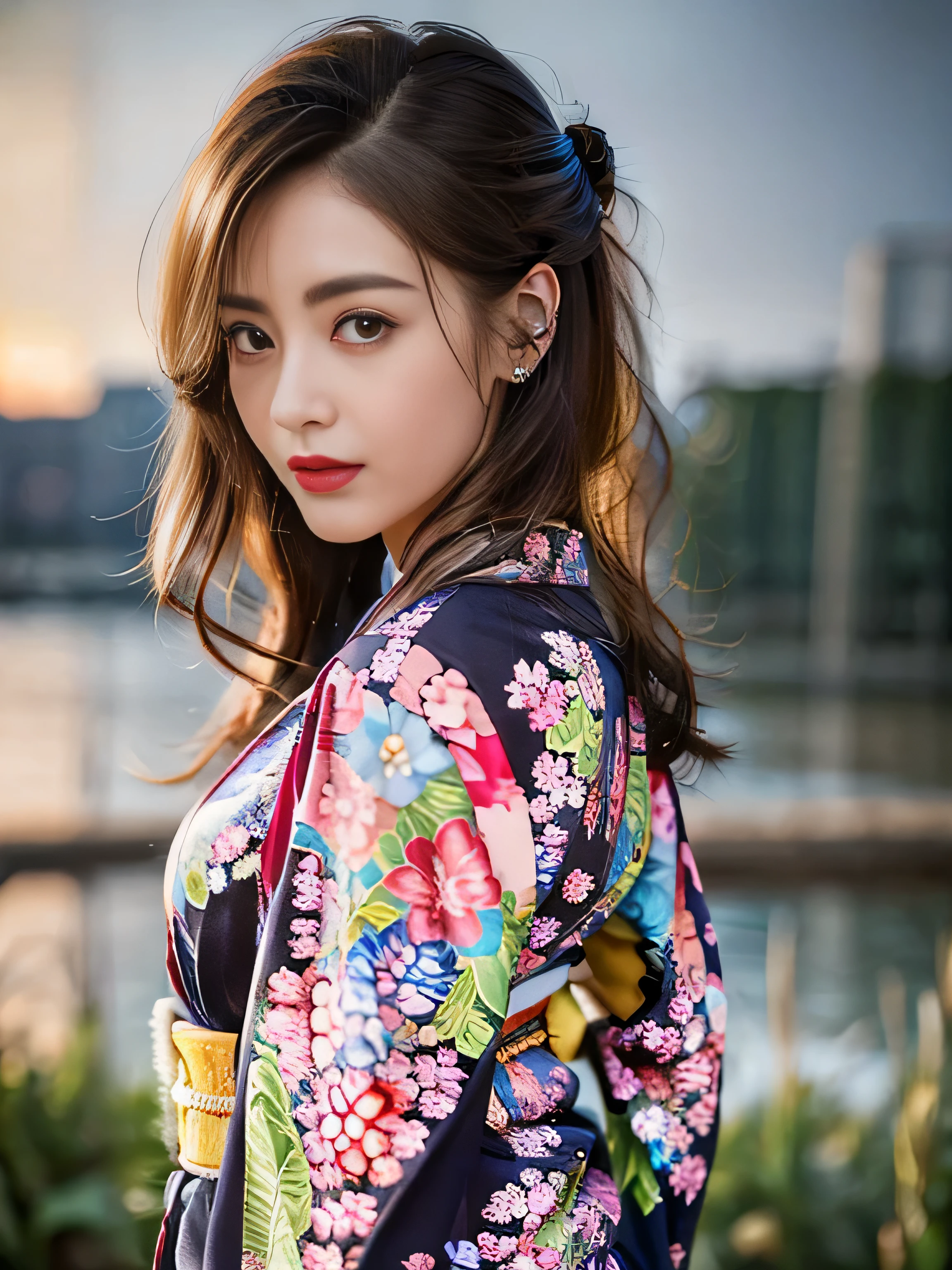 1 female、(super beautiful)、(Beautiful and sad face:1.5)、(detailed face:1.4)、Early 30s、(red pattern on black kimono:1.3)、(Wearing heavy makeup)、(red lips:1.3)、brown hair、(Just after sunset:1.2)、(The sky changes from sunset to night:1.3)、(Backlight)、If someone takes you、I want to kill you、Joren Falls、I want to see you even if I pass through the dazzling flames、Mountain. Gancheng、unforgivable love