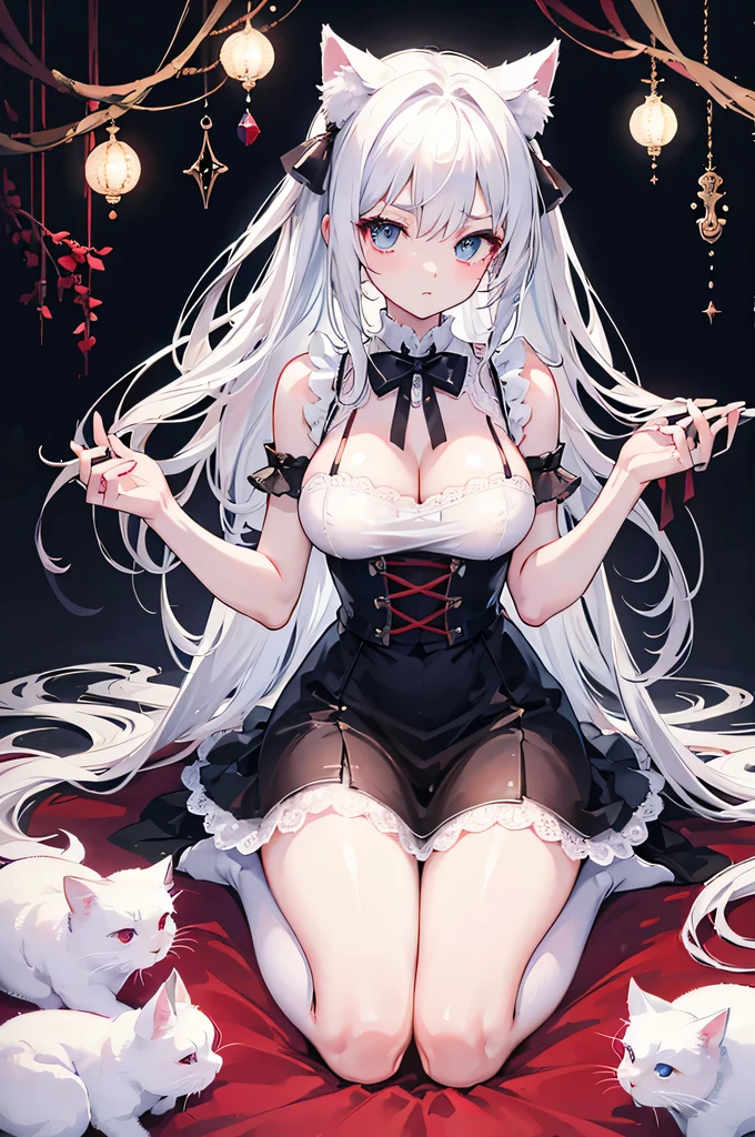 big breasts,Dressed in tattered maid outfits,Look at me tenderly,血Red眼睛,Lace tights,beautiful hair、 beautiful eyes、 beautiful skin、beautiful legs、beautiful arms、perfect fingers、 very cute,white hair, long hair,white cat ears, white cat tail,best quality,high resolution,top quality、 looking at the audience,sitting,kneeling&Place on the bed,Knees together,internal figure eight,alone,bow ribbon,Red,slender eyebrows