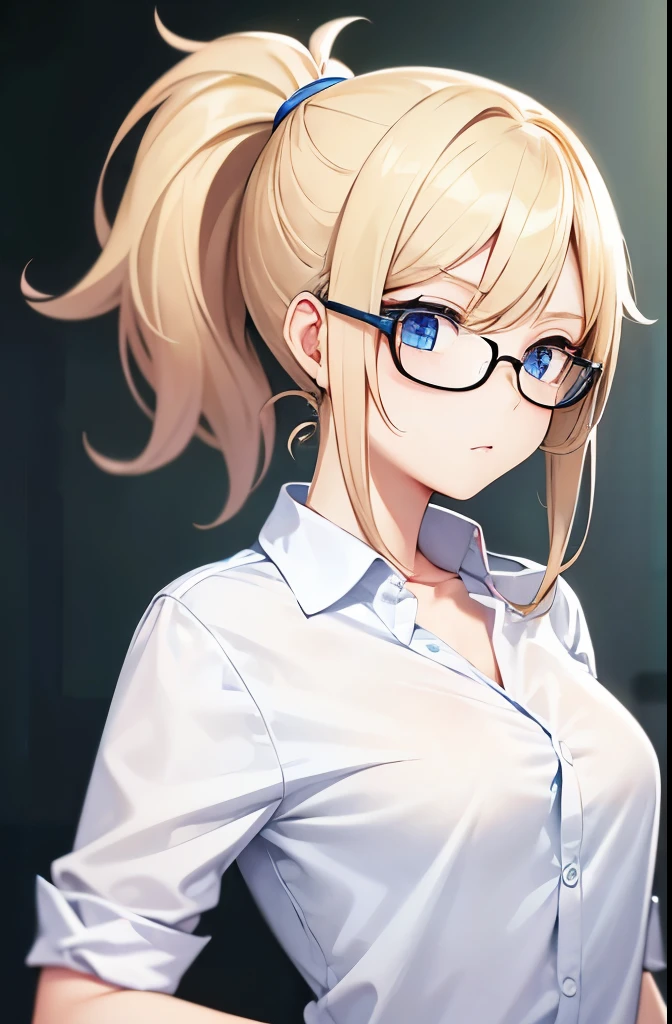 1 female、blonde ponytail、No curly hair、blue eyes、The skin is white、Y-shirt、wearing glasses、teacher&#39;s appearance、small breasts、No background