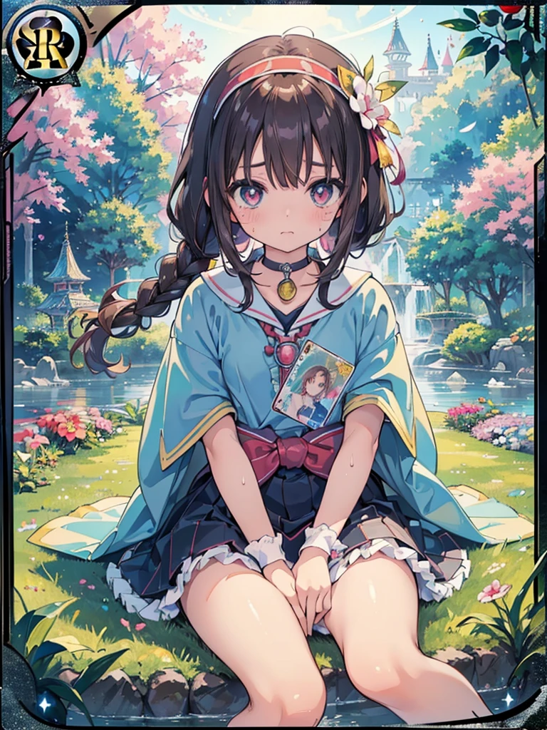 photo realistic, (masterpiece,best quality:1.4),(8k,raw photo,photo realistic:1.2), detailed skin, detailed face, ((1girl)),Japanese idol, cute face, little girl, Not Safe for Work, (raw photo, photo realistic: 1.2), ALL Nudi-ty, nudi, (((NO panties))),nipp-les, Open twat, anus, went, (((hair of pubis, Not safe for work))), pubisure, frilled japanese clothes, RED frilled hakama short skirt, frilled, White frilled legwear, ankle boots, frilled choker, amulet, wrist cuffs, sash, frilled reg garter, (((No cloth))), cape, (((Holding a cute magic wand))), heart ring, ((long hair)), light brown hair, braid, brown eyes, straight hair, little girl, 12years old, petite, cute, happy, medium breasts, small nipp-les, (((sitting spread legs))), kanzashi, (hairband), (((fake phallus fuck,Not for safe work))), heart shaped pupils, medium bob,((puss juice, Sweat, Sweatdrop)), (((spread puss,Not Safe for Work))), (((ure-thra))), urinates, anus, yumekawa,yumekawaii,pastel color,(wonderland garden:1.3),rainbow, imagination,(floating  Castle:1.4),heart background, beam of light, glittering ball of light, (water-color),((Multicolored lights)), (((trading card))),