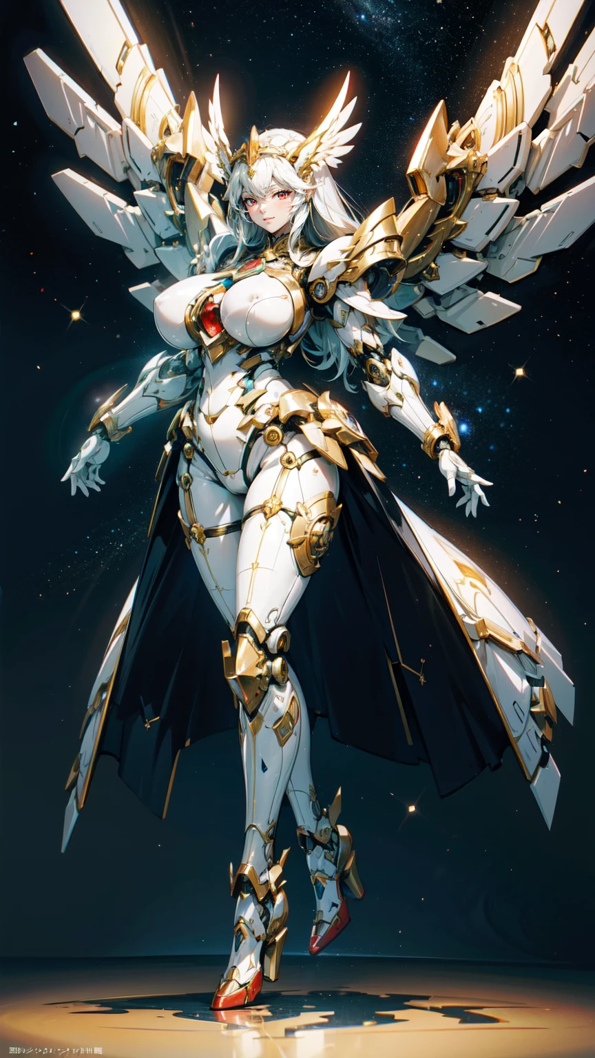 A beautiful mechanical girl，Machine girl，mechanical angel，Four-winged angel，There are huge white mechanical wings on the back，tall，Perfect mechanical body，Intricate white mechanical bodysuit，sense of the future，science fiction style，（White mechanical body：1.3），White robotic arm，Red manipulator，Mechanical neck，Mechanical details，金属luster，Mechanical chest，Plump breasts，Plump buttocks，High heel，sexy，grace，Temperament，long white hair，red eyes，finely quality eyes，beautiful face，Smile，luster，（full body portrait：1.5），stand，perfect details，Ray tracing，8K，highest resolution，work，highest quality，Science fiction works，Character focus，Beautiful universe，Shining Milky Way，Starlight，Detailed background portrayal，Exquisite illustrations，exquisite CG