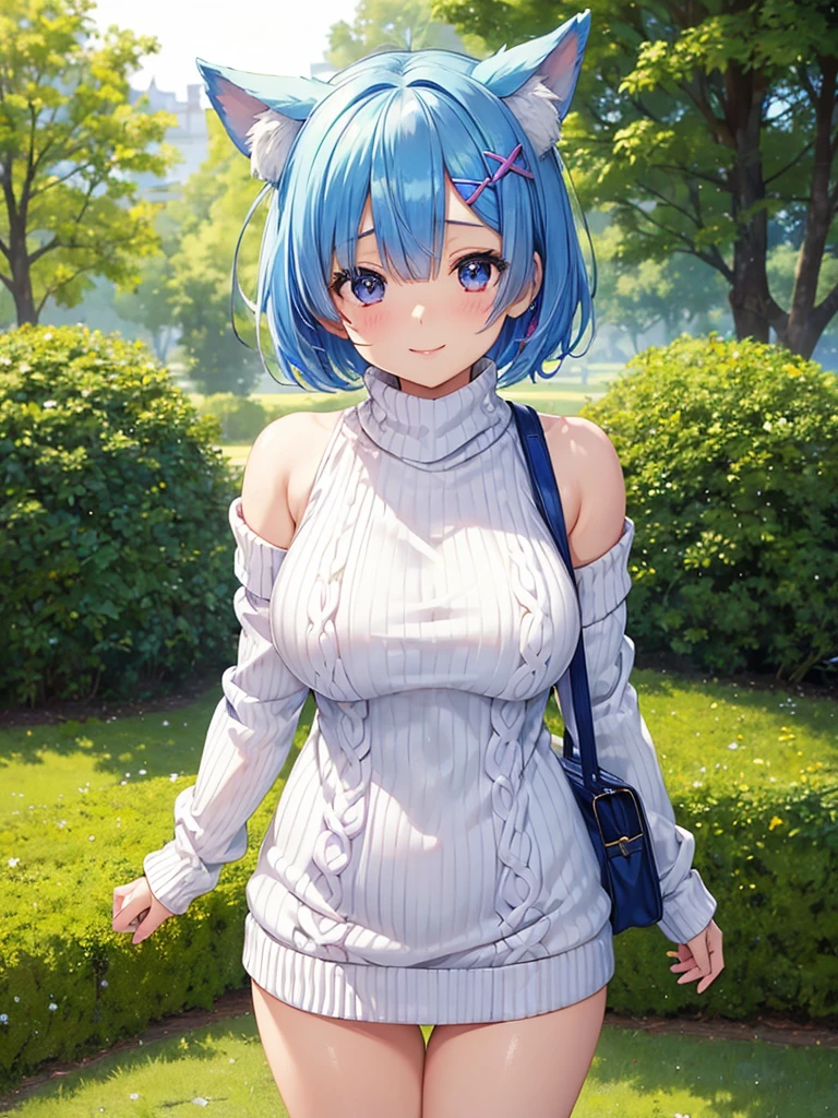 masterpiece,highest quality,High resolution ,1 girl,Rem, Re Zero, blue hair, short hair,straight hair,big breasts,white skin,((sweater,transparent)),((stripe)),((sweaterのみ)),bags under eyes,smile,animal ears,Chemomimi,happiness,bare shoulders,magnificent々New,cute,
