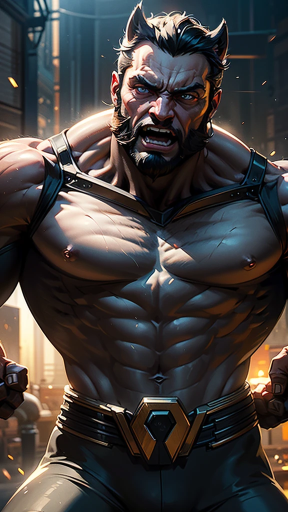 Wolverine, furious, open-mouthed with closed and white teeth, sharp and thick silver claws, dilated veins on giant arms, golden belt, combat pose, smoke, robots in the background, HD.
(best quality,4k,8k,highres,masterpiece:1.2), ultra-detailed, (realistic,photorealistic,photo-realistic:1.37), HDR, UHD, studio lighting, ultra-fine painting, sharp focus, physically-based rendering, extreme detail description, professional, vivid colors, bokeh, portraits, intense colors, dramatic lighting.