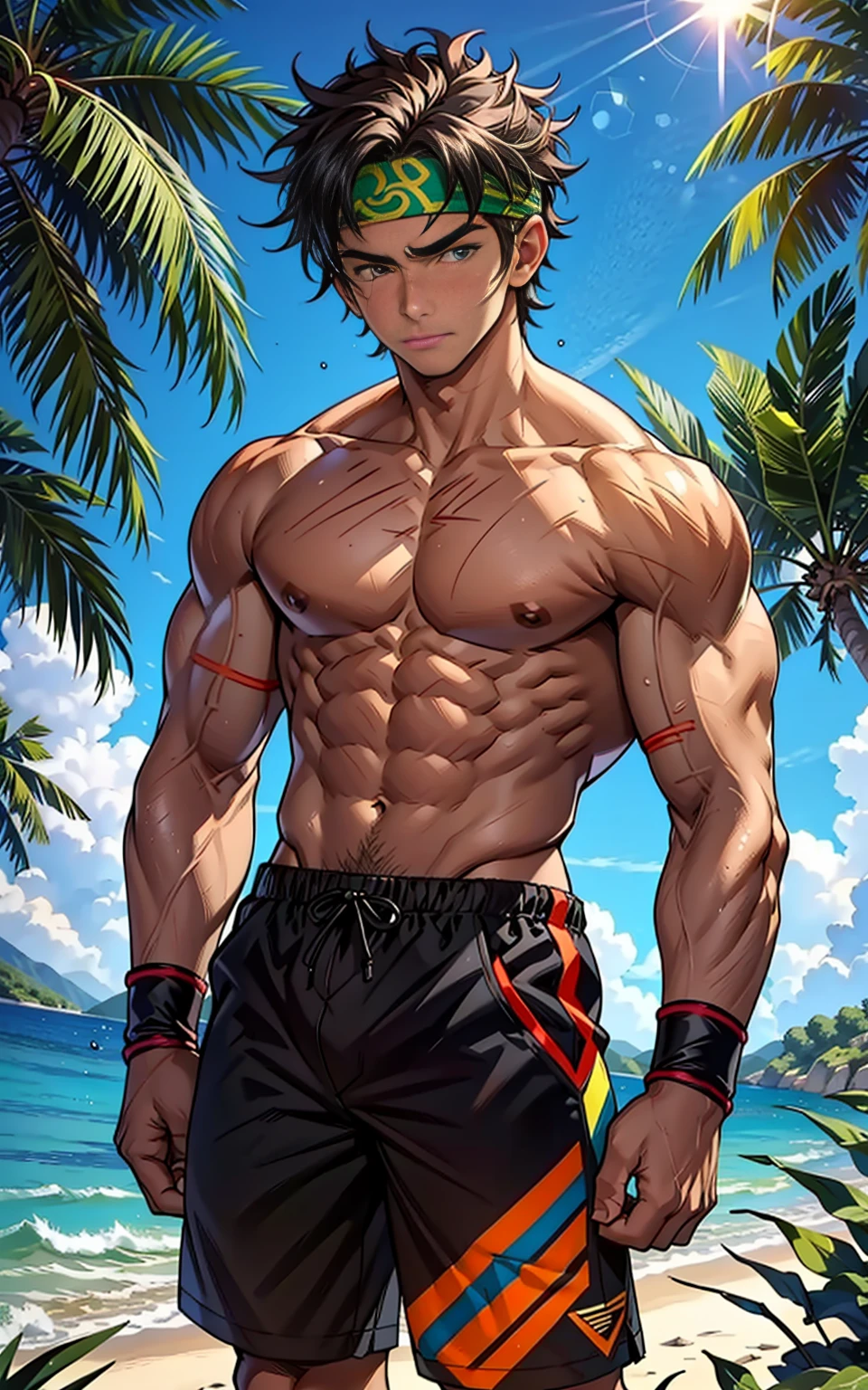 (Masterpiece, Best quality 13 year old boy，Shota), 1boys, Young,Muscular, Short hair, Intricate, Grass, full bodyesbian, Shirtless, Topless, Muscles sparkle in the sun,Black shorts, green headband, Vivid colors,(Depth of field:1.2),(Abs),wristband, dynamic pose, fighting, view the viewer, body facing forward