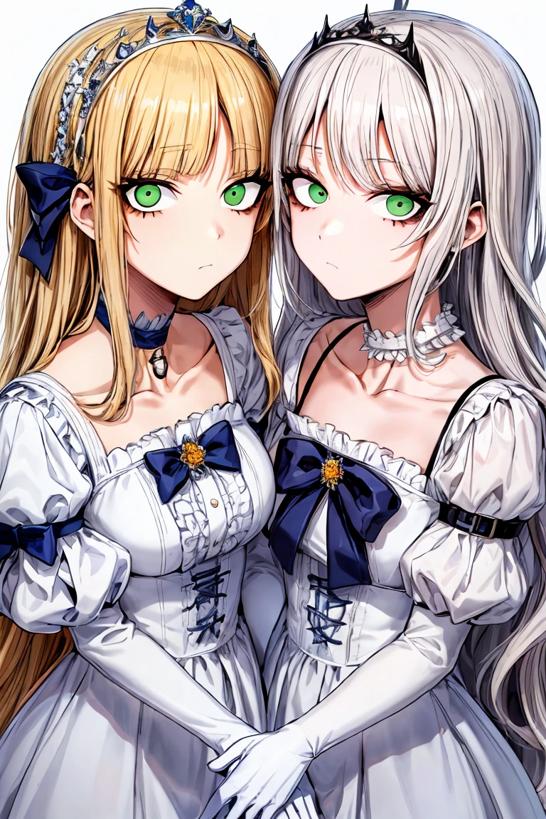 shoujo-style, jk style, (floral background), romance manhwa, (2girls:1.2), (aligned), silver hair, blonde hair, solo, long hair, flower, dress, tiara, white dress, gloves, long sleeves, choker, ((green eyes)), red eyes, mascara, makeup, white gloves, black bow, black flower, wavy hair, bow, jewelry, looking at viewer, white background, collarbone, puffy sleeves, silver accessories, upper body, parted bangs, very long hair, blue dress, frills, bangs, closed mouth, detailed eyes, (close up), gleaming skin, shiny glossy skin