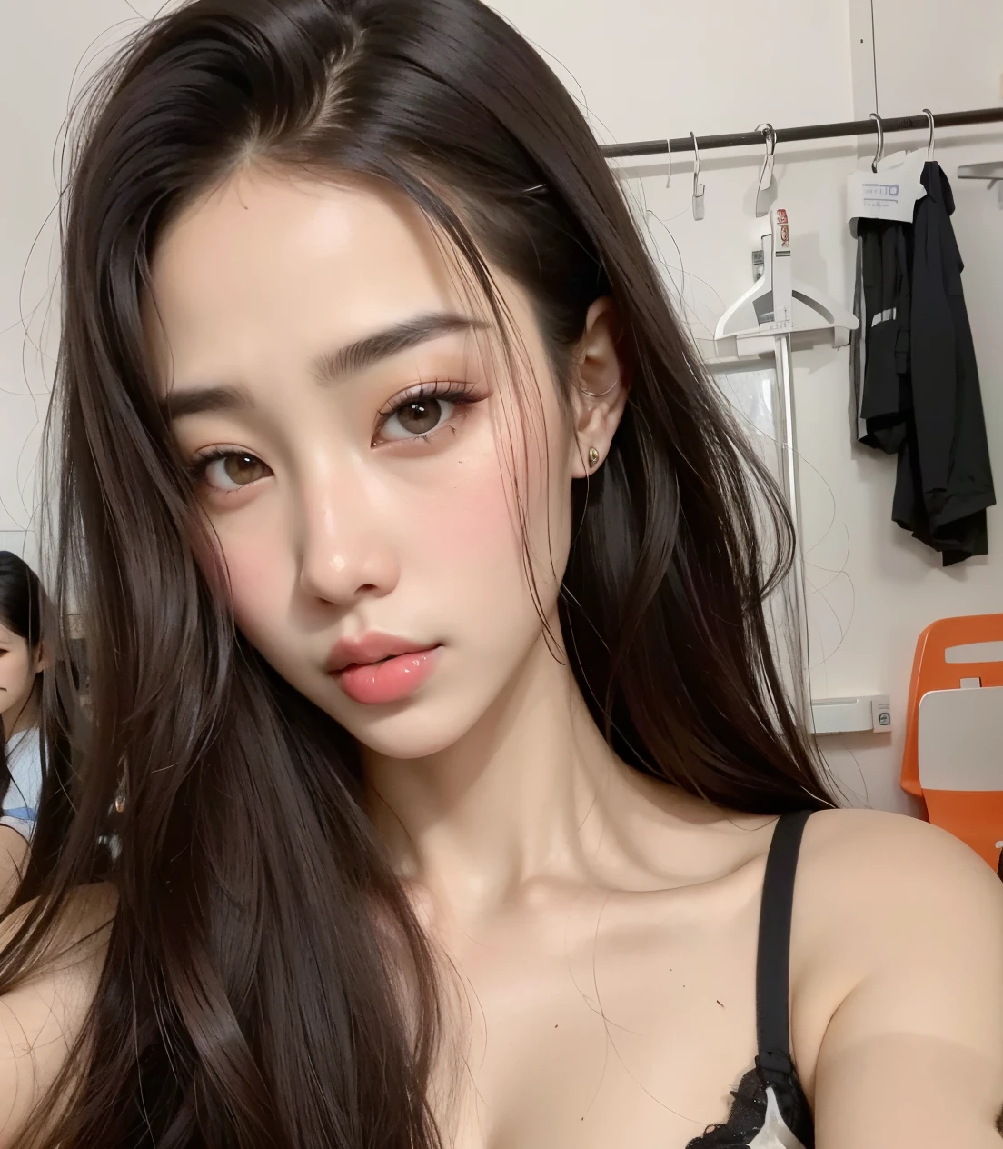 um close up de uma mulher com cabelos longos usando um top preto,  coreana, beautiful south mulher coreana, Ulzzang, gorgeous young mulher coreana, beautiful young mulher coreana, dilraba dilmurat, jaeyeon nam, young lovely korean face, Heonhwa Choe, Jinyoung Shin, Korean facial features, mulher coreana, beautiful asian girl