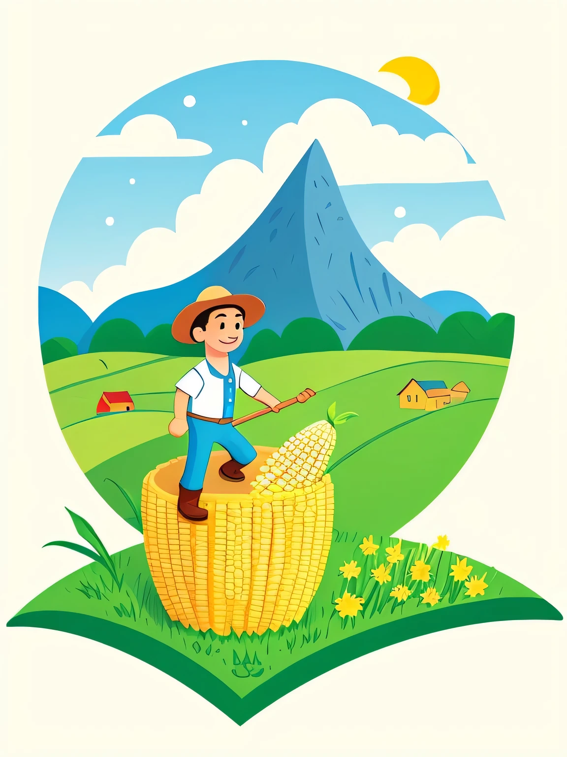 cartoon illustration of a farmer in a corn cob with a mountain in the background, Full color illustration, A beautiful artistic illustration, farmer, Full color digital illustration, children book illustration, Just a joke, Jack and the Beanstalk, folkloric illustration, author：Yang Borun, children\'s illustration, Official illustration, Storybook illustration, children’s book illustration