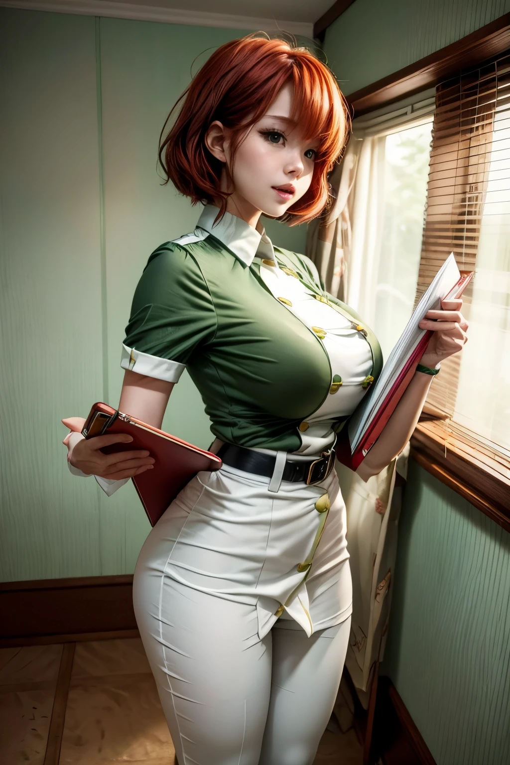 chris、25 years old、Redhead shortcuts、light green nurse's uniform with pants、white stockings、having clipboard tall、beautiful woman, giga_busty