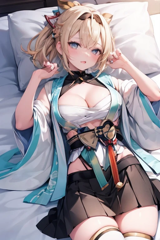 Representative works, highest quality,perfect eyes,Perfect tongue,angry face,feverish breath, (8K ,hyper detail,ultra photoreal sim,masterpiece,Natural,perfect artwork,perfect female body)Representative works, highest quality, 1girl, kazama iroha, blonde hair, fingerless gloves, gloves, sarashi, thighhighs, japanese clothes, white thighhighs, skirt, haori, black gloves, hairband, bangs, sandals, sheathed, pleated skirt, ponytail, chest sarashi, breasts, sheath, blue eyes, hair between eyes, black hairband, hair ornament, leaf hair ornament, long sleeves, covered navel, miniskirt,Huge breasts that look like they'll burst, Proportional body, perfect eyes,Proportional, Japanese style bedroom with garden view,While lying on the futon、I'm sleeping right next to you、Exposed breasts、Tight kimono that shows cleavage、tight mini skirt、white stockings、garter belt、(knee shot:1.3), Grinning、You're seducing your audience