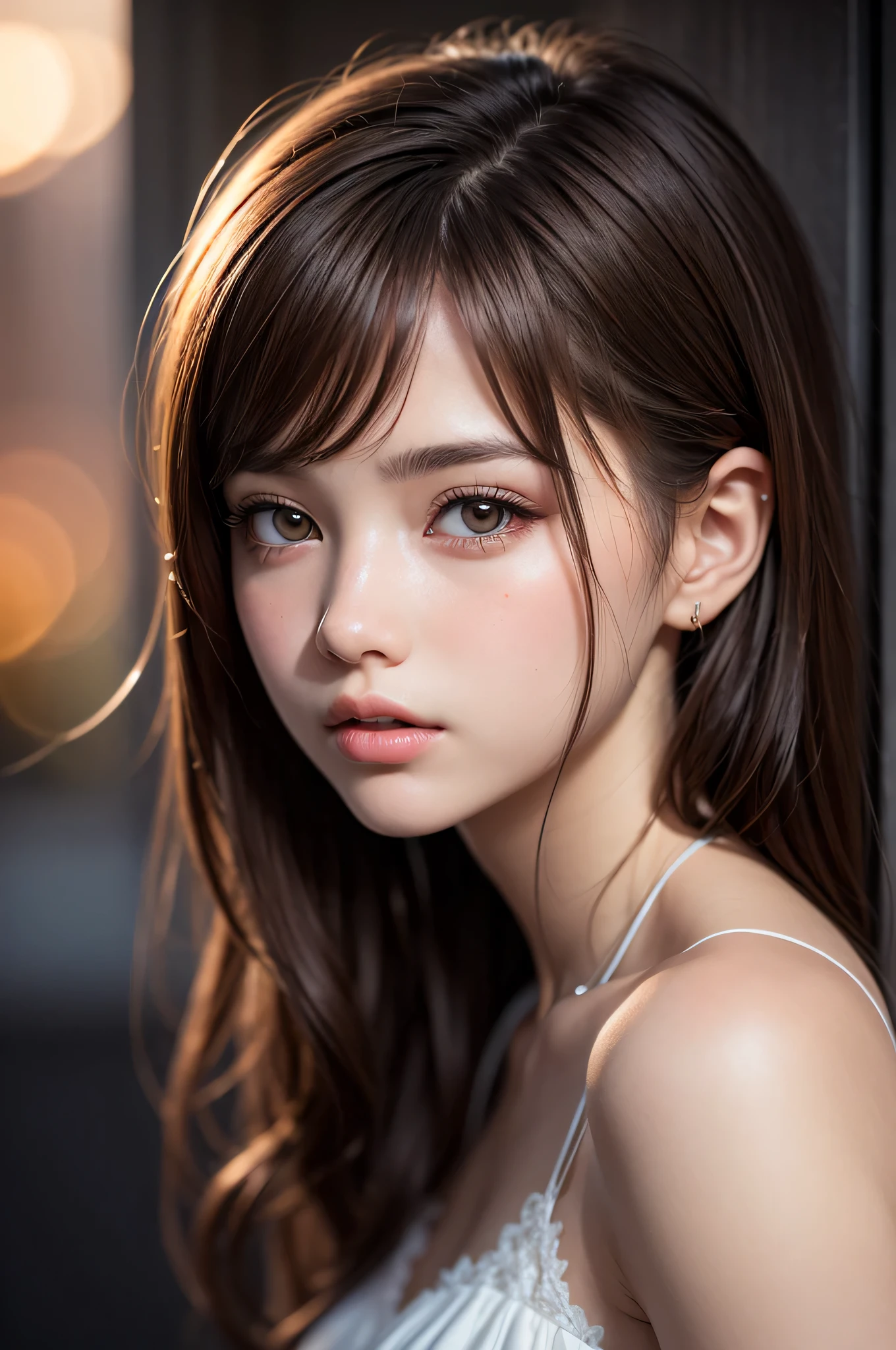 (best quality), (ultra-detailed), (illustration), (detailed light), (an extremely delicate and beautiful), 1young girl, brown hair, brown eyes, model, bare shoulders, best quality, extremely detailed CG unified 8k wallpaper, High-definition raw color photos, professional photograpy, (((Bokeh))), depth of fields, twilight, sunset,