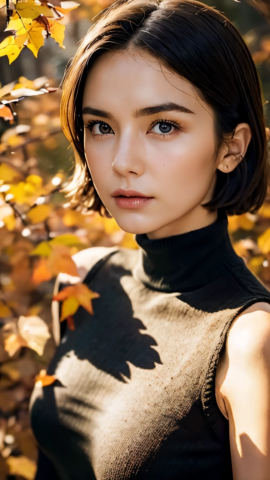 one girl、brunette hair、supermodel with perfect body、short bob、wear(black turtleneck sweater dress)、An ennui look、Detailed body with feminine fit、Detailed skin of skin and face、Depth of bounds written、Skin details、cafe daylight、autum、garden、autumn leaves、RAW photo、highest quality、Highest image quality、ultra high resolution、master piece:1.3、8k