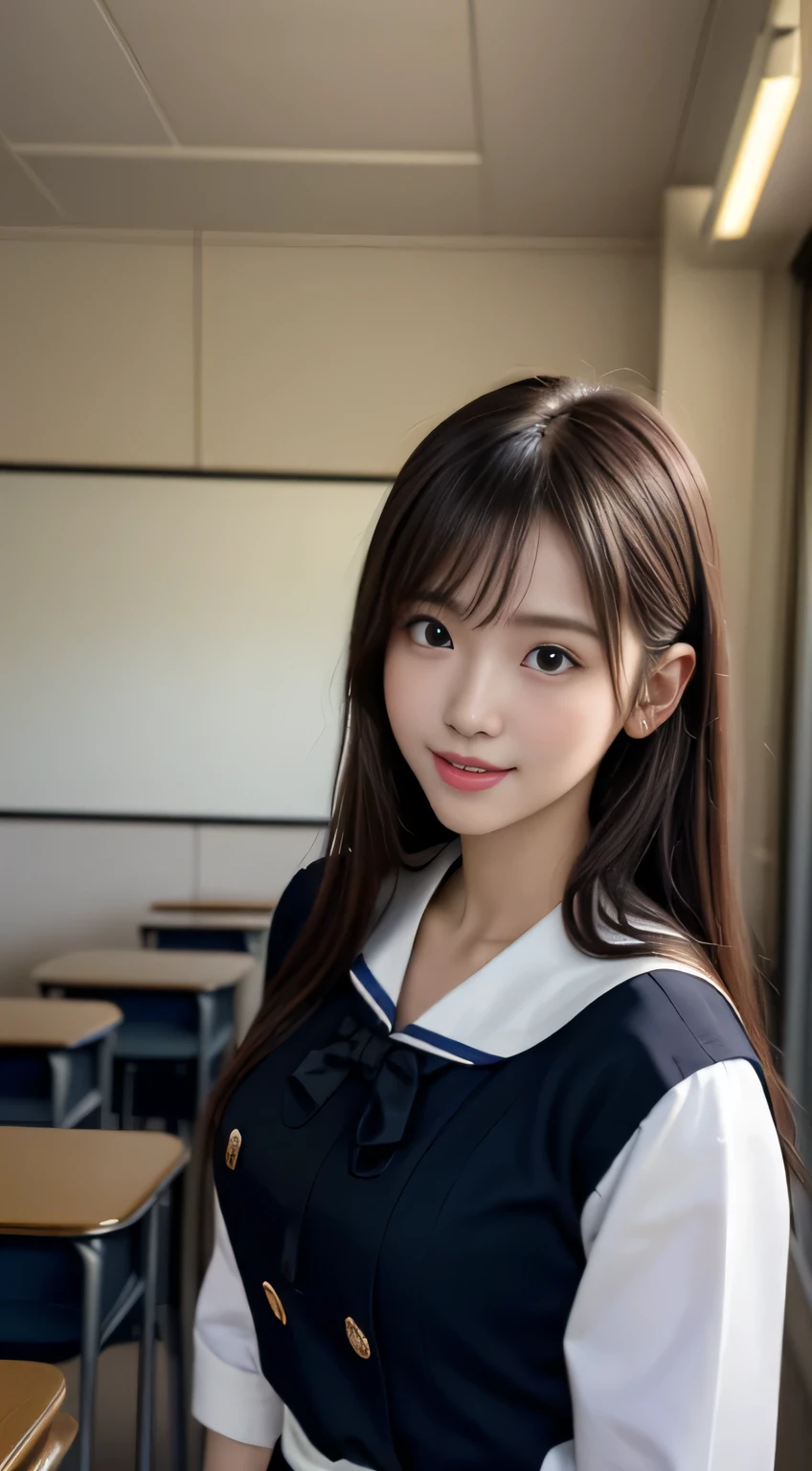 Face Interview, (Photoreal:1.4), (hyper realistic:1.4), (realistic:1.3), (smooth lighting:1.05), (Improve video lighting quality:0.9), 1 female, 16-year-old woman, realistic lighting, Backlight, facial light, ray tracing, (cheerfulness:1.2), (Improved image quality:1.4), (Highest quality realistic textured skin), finely tuned, small face, red cheeks, slender body, medium-breasted pointed jaws,,,,,,,,,,,,,, Japan idol system, Nogizaka idol, glowing skin, fiery idol pose, P, dull bangs, black hair, hair behind the ear, shoulder hair, long hair,tear bag,Summer plateau、no makeup、Inside a high school classroom、(High School Uniform Sailor Uniform:1.2)
