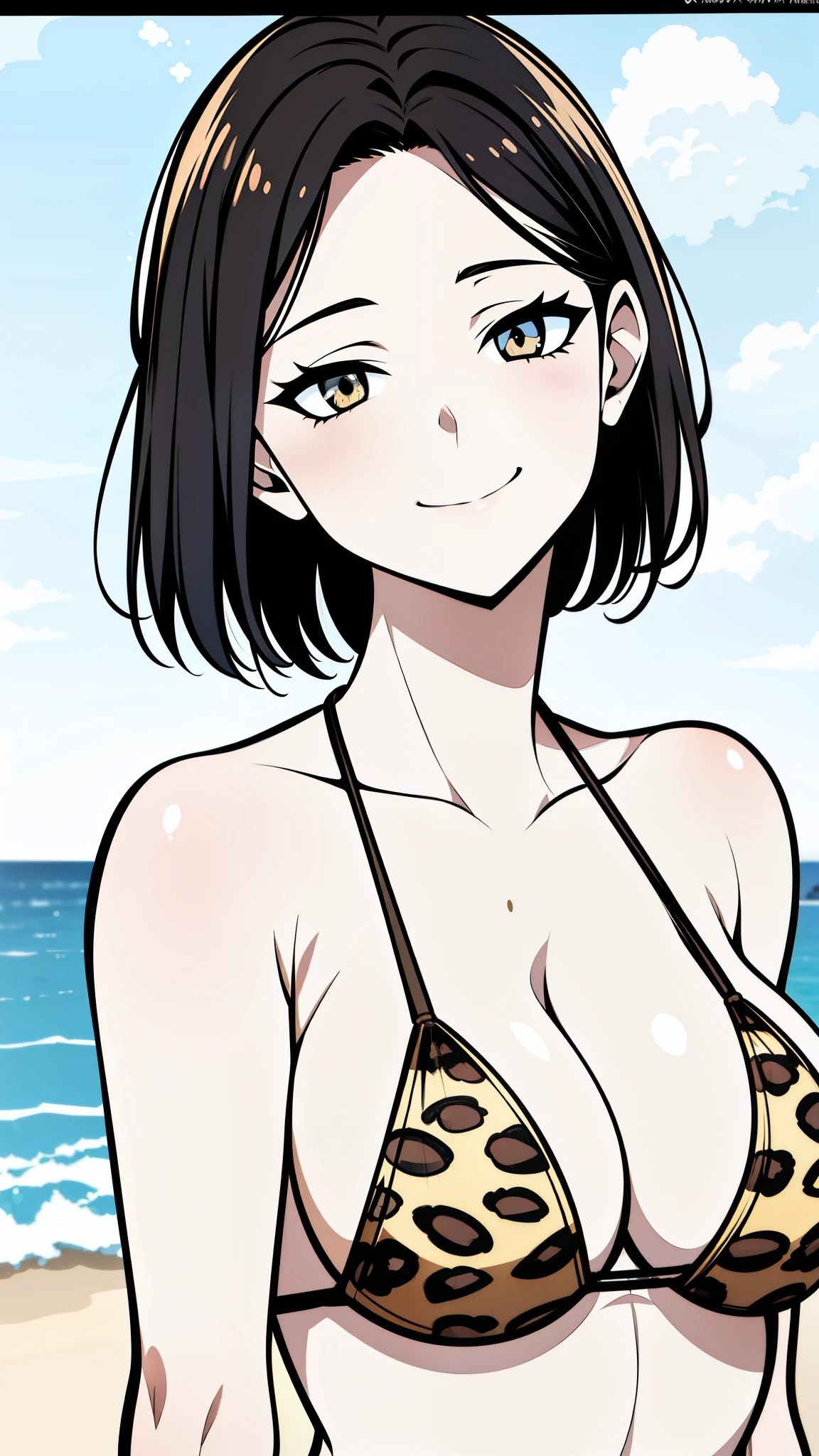 {8k image}, 1beautiful woman, 30 years old, short black hair, honey-colored eyes, busty, wearing a leopard bikini, mature face and body, looking at the viewer smiling, face and body centered forward, focus on the face and chest, {centered image}, background beach in the afternoon raining (unfocused), manga art style, manga lineart, beautiful lineart