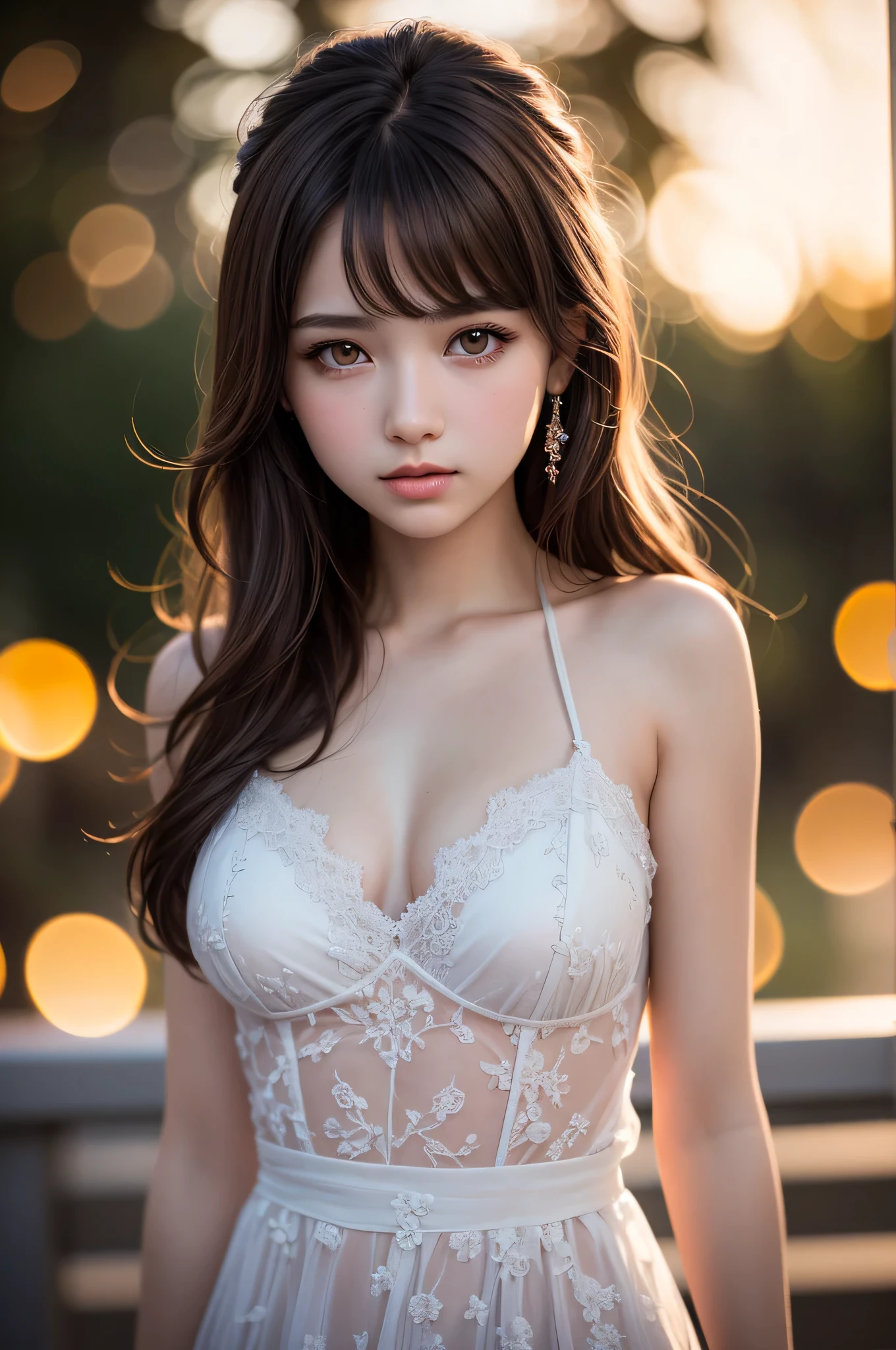 (best quality), (ultra-detailed), (illustration), (detailed light), (an extremely delicate and beautiful), ung girl, brown hair, brown eyes, model, bare shoulders, best quality, extremely detailed CG unified 8k wallpaper, High-definition raw color photos, professional photograpy, (((Bokeh))), depth of fields, twilight, sunset,