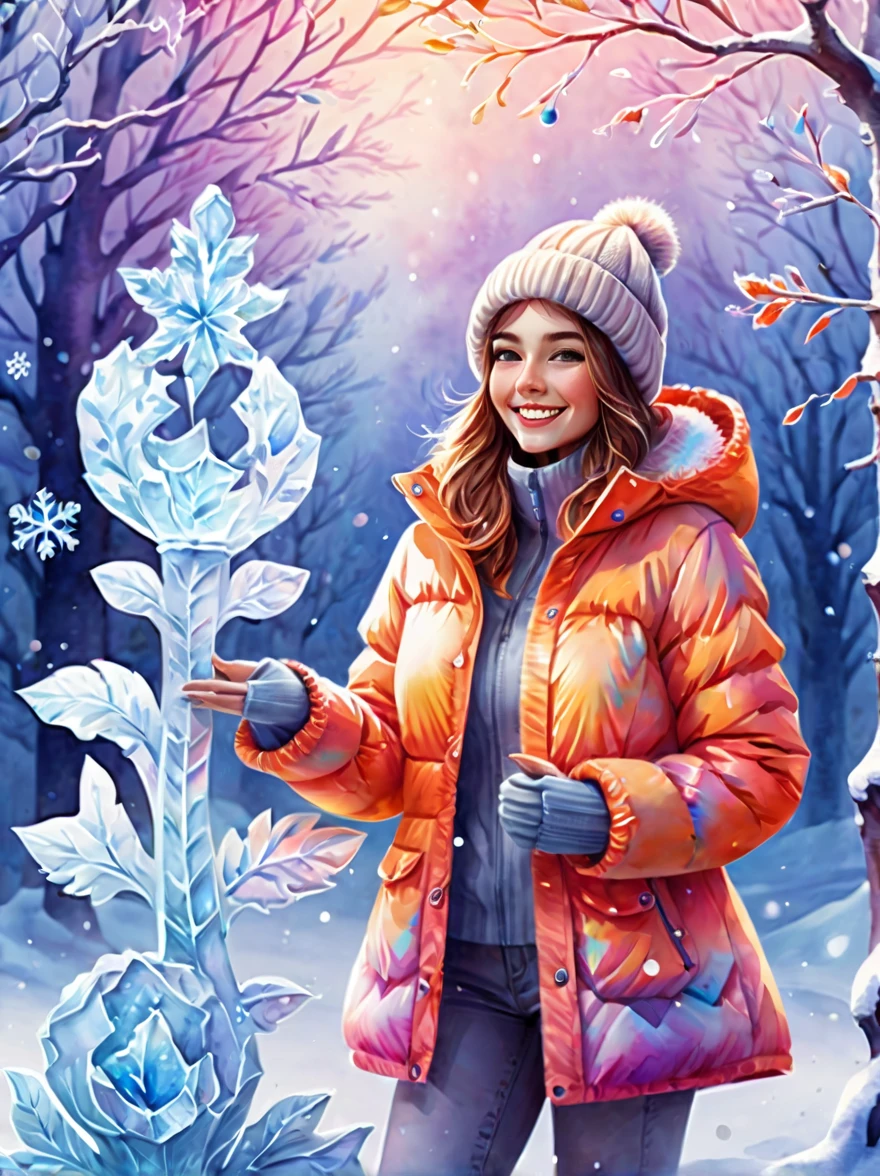 (panoramic:1.5), An imaginative and detailed illustration of a fantasy female friend, depicted as a cute and beautiful girl. Her face is lit up with a happy smile, and she is fashionably dressed in a bright orange puffer jacket. The setting is a magical ice sculpture world, with an icy, snowy landscape filled with snowflakes. The girl is a blend of wisdom, beauty, and diligence, representing a sweet and ideal character. The image is created with creative flair, showcasing the girl enjoying herself in this enchanting, frosty environment, embodying a sense of joy and wonder, (Floral watercolor: 1.5), (Ultra high saturation, bright and vivid colors: 1.5), (nsfw), (Facing the viewer: 1.5)