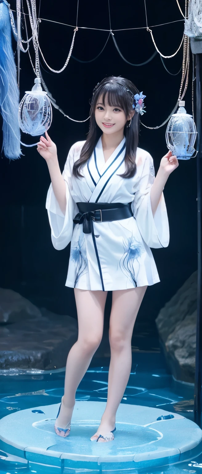 A female idol wearing a fantastic water spider、Full body Esbian、、A miniskirt kimono covered in water spiders、、、good style、、