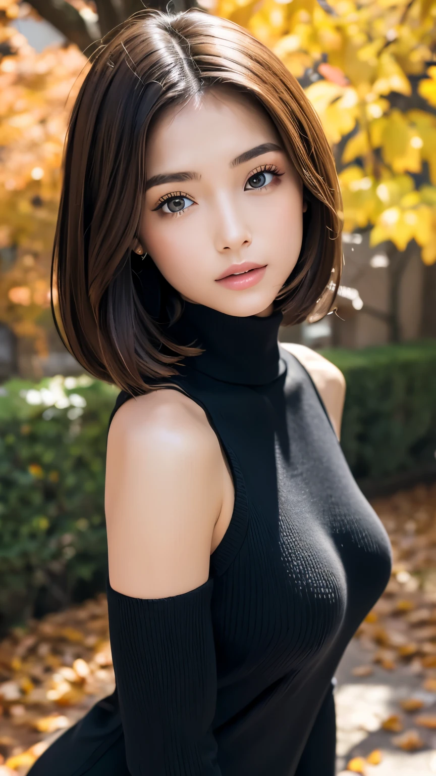 one girl、brunette hair、supermodel with perfect body、short bob、wear（black turtleneck sweater dress）、An ennui look、Detailed body with feminine fit、Detailed skin of skin and face、Depth of bounds written、Skin details、cafe daylight、autum、garden、autumn leaves、RAW photo、highest quality、Highest image quality、ultra high resolution、master piece:1.3、８ｋ