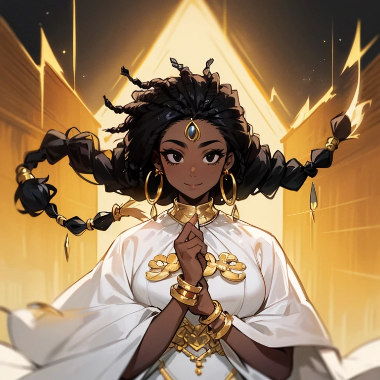 (((Black African Woman))),(((Black dread hair))),(((Black eyes))),(((White dress with gold accessories)))