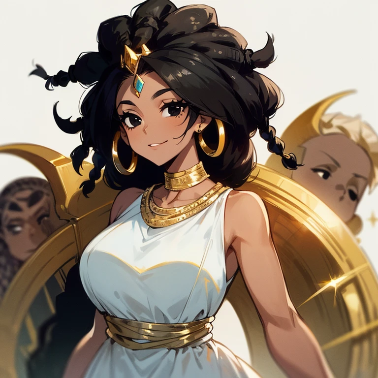 (((Black African Woman))),(((Black dread hair))),(((Black eyes))),(((White dress with gold accessories)))