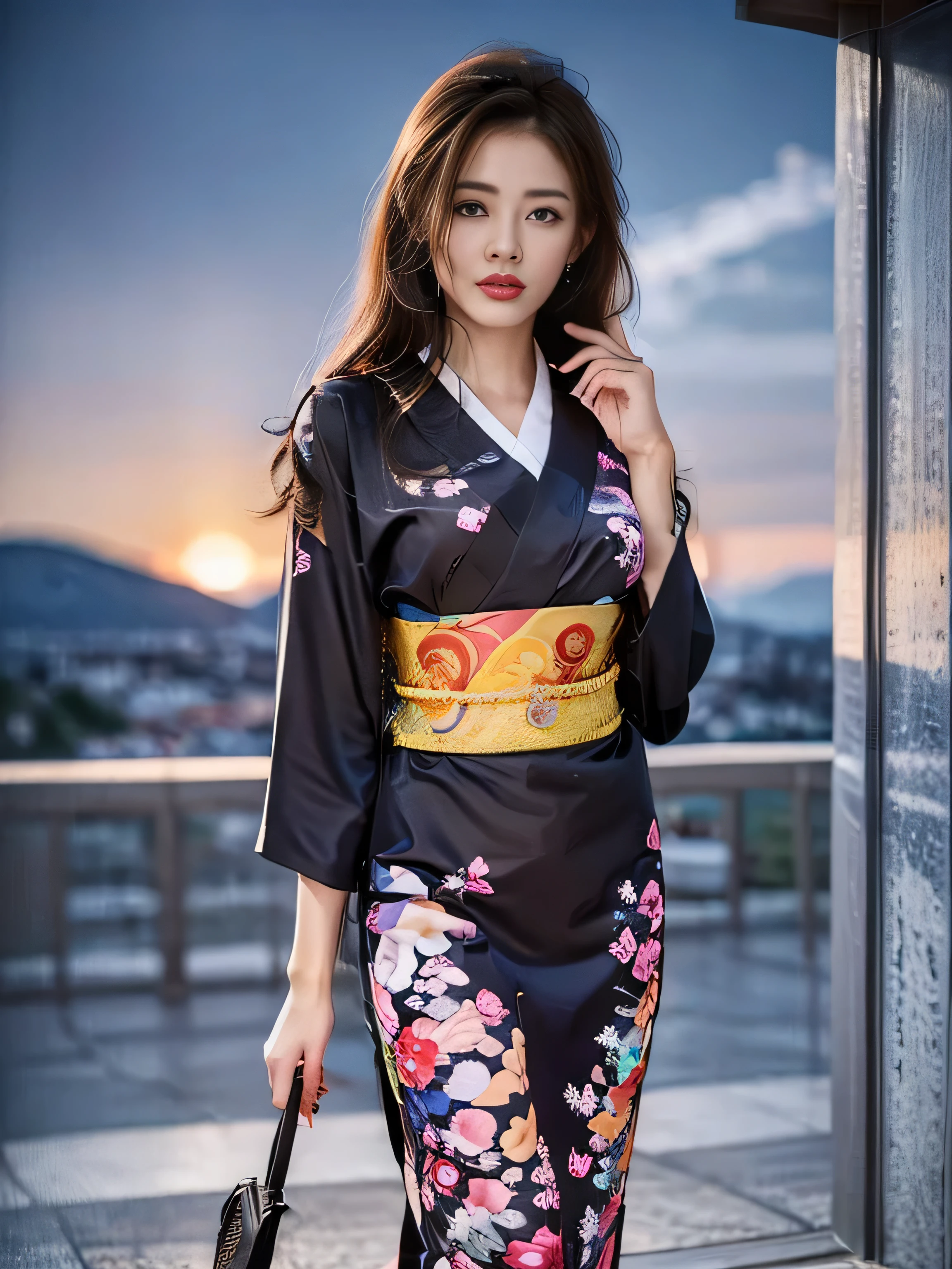 1 female、(super beautiful)、(Beautiful and sad face:1.5)、(detailed face:1.4)、Early 30s、(red pattern on black kimono:1.3)、(Wearing heavy makeup)、(red lips:1.3)、brown hair、(Just after sunset:1.2)、(The sky changes from sunset to night:1.3)、(Backlight)、If someone takes you、I want to kill you、Joren Falls、I want to see you even if I pass through the dazzling flames、Mountain. Gancheng、unforgivable love