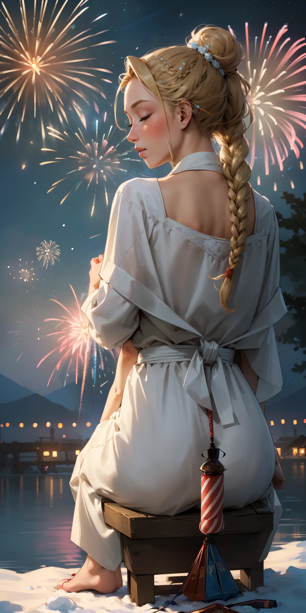 (((masterpiece))), (1girl:1.5), hyper detailed, highres, ((best quality)), (extremely delicate and beautiful), {8k cg wallpaper}, illustration, (blush), (braided ponytail | ponytail | hairbun), (extremely detailed background:1.6), (very long black hair|blonde hair), detailed face, night, festival, (kimono:0.7), outdoors, lantern, (fireworks:1.4), paper lantern, snow, wind, snowflakes, hair ornament, closed eyes, (from behind:1.3), sitting, river, riverbank, starry sky, (holding hands:0.6), leaning on person, pointing, on heaven