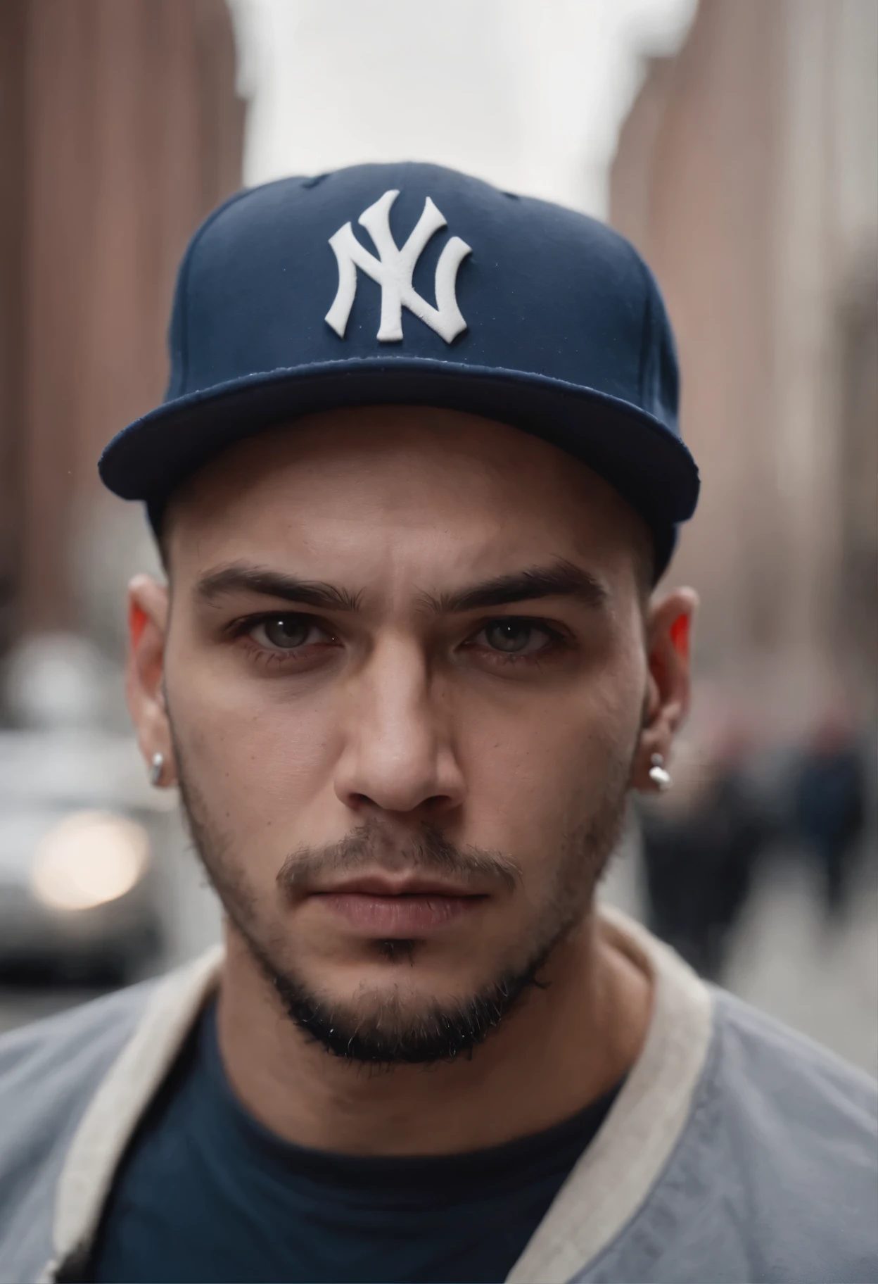 (High res, best quality, 8k image) An angry man with face tattoos wearing a blue new york yankee new era cap.