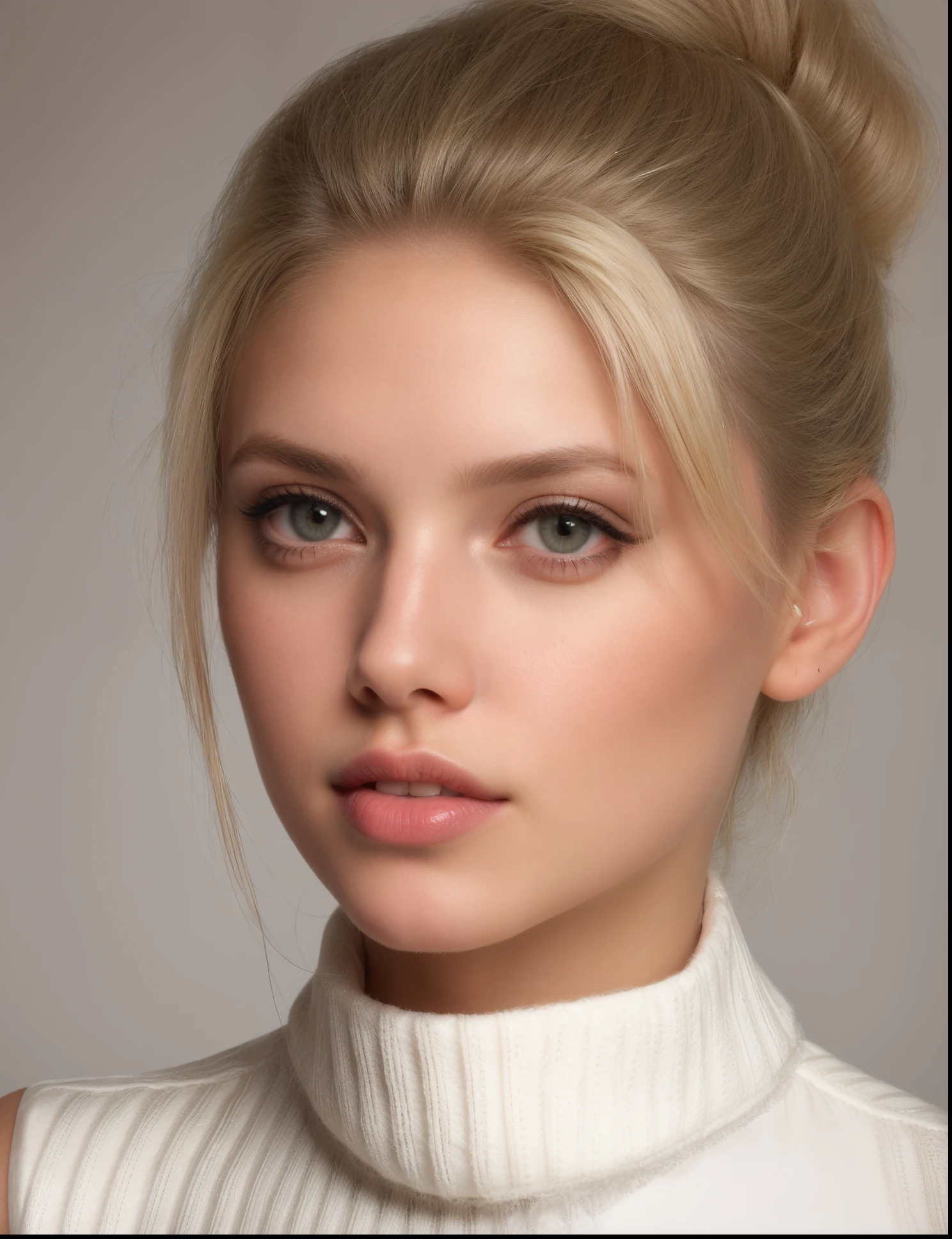 beautiful woman, detail skin, skin pores, detail eyes, light blonde hair, photography, realistic, photo studio lighting