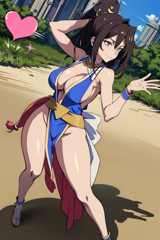 masterpiece, high resolution, best quality, beautiful art, 1 woman, solo, dark magician girl, mature woman, big breasted, cleavage, wearing a Mai Shiranui outfit, sexy red japanese clothes, sexy body, full body, dancing seductively, sexy smirk, looking at the viewer, flirting, beach environment 