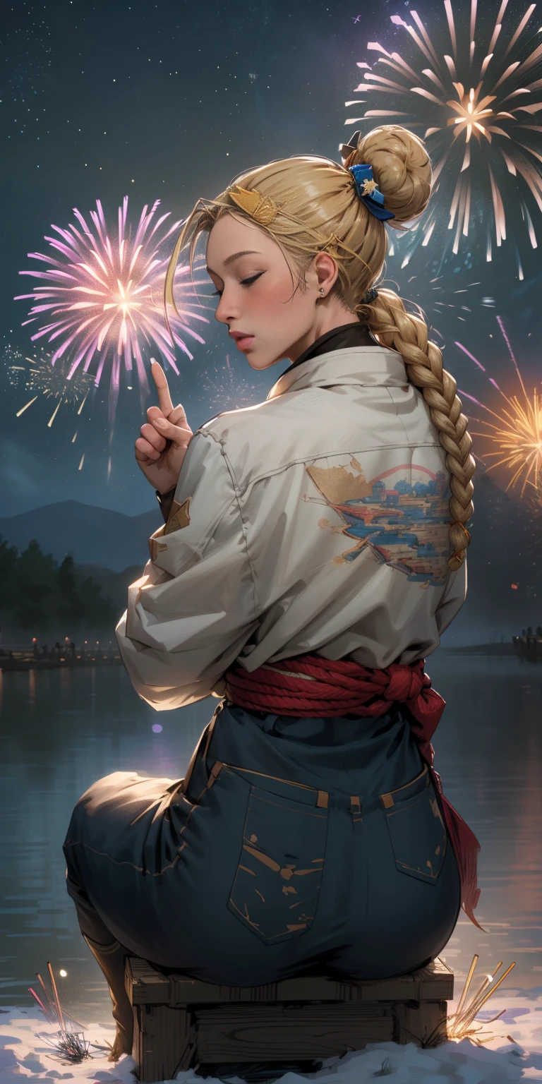 (((masterpiece))), (1girl:1.5), hyper detailed, highres, ((best quality)), (extremely delicate and beautiful), {8k cg wallpaper}, illustration, (blush), (braided ponytail | ponytail | hairbun), (extremely detailed background:1.6), (very long black hair|blonde hair), detailed face, night, festival, (kimono:0.7), outdoors, lantern, (fireworks:1.4), paper lantern, snow, wind, snowflakes, hair ornament, closed eyes, (from behind:1.3), sitting, river, riverbank, starry sky, (holding hands:0.6), leaning on person, pointing, on heaven