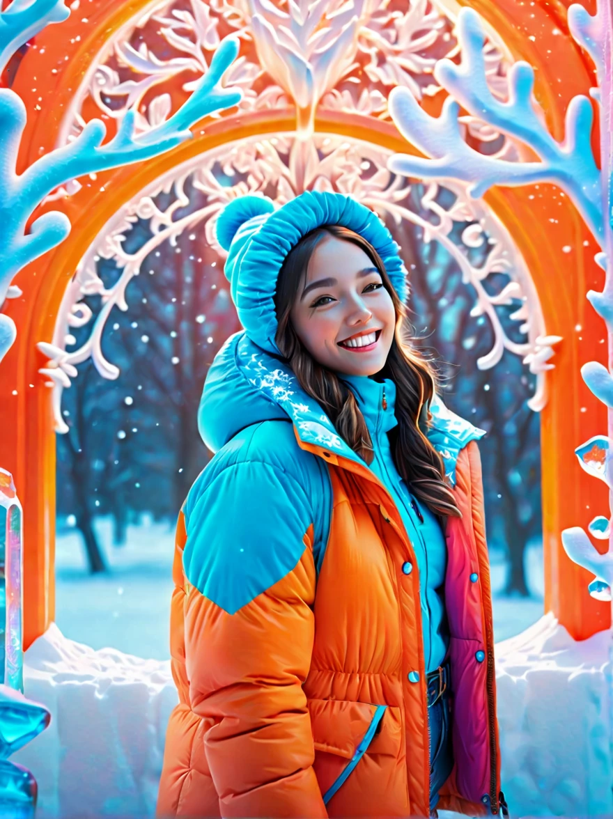 (panoramic:1.5), An imaginative and detailed illustration of a fantasy female friend, depicted as a cute and beautiful girl. Her face is lit up with a happy smile, and she is fashionably dressed in a bright orange puffer jacket. The setting is a magical ice sculpture world, with an icy, snowy landscape filled with snowflakes. The girl is a blend of wisdom, beauty, and diligence, representing a sweet and ideal character. The image is created with creative flair, showcasing the girl enjoying herself in this enchanting, frosty environment, embodying a sense of joy and wonder, (Ultra high saturation, bright and vivid colors: 1.5), (nsfw), (Facing the viewer: 1.5)