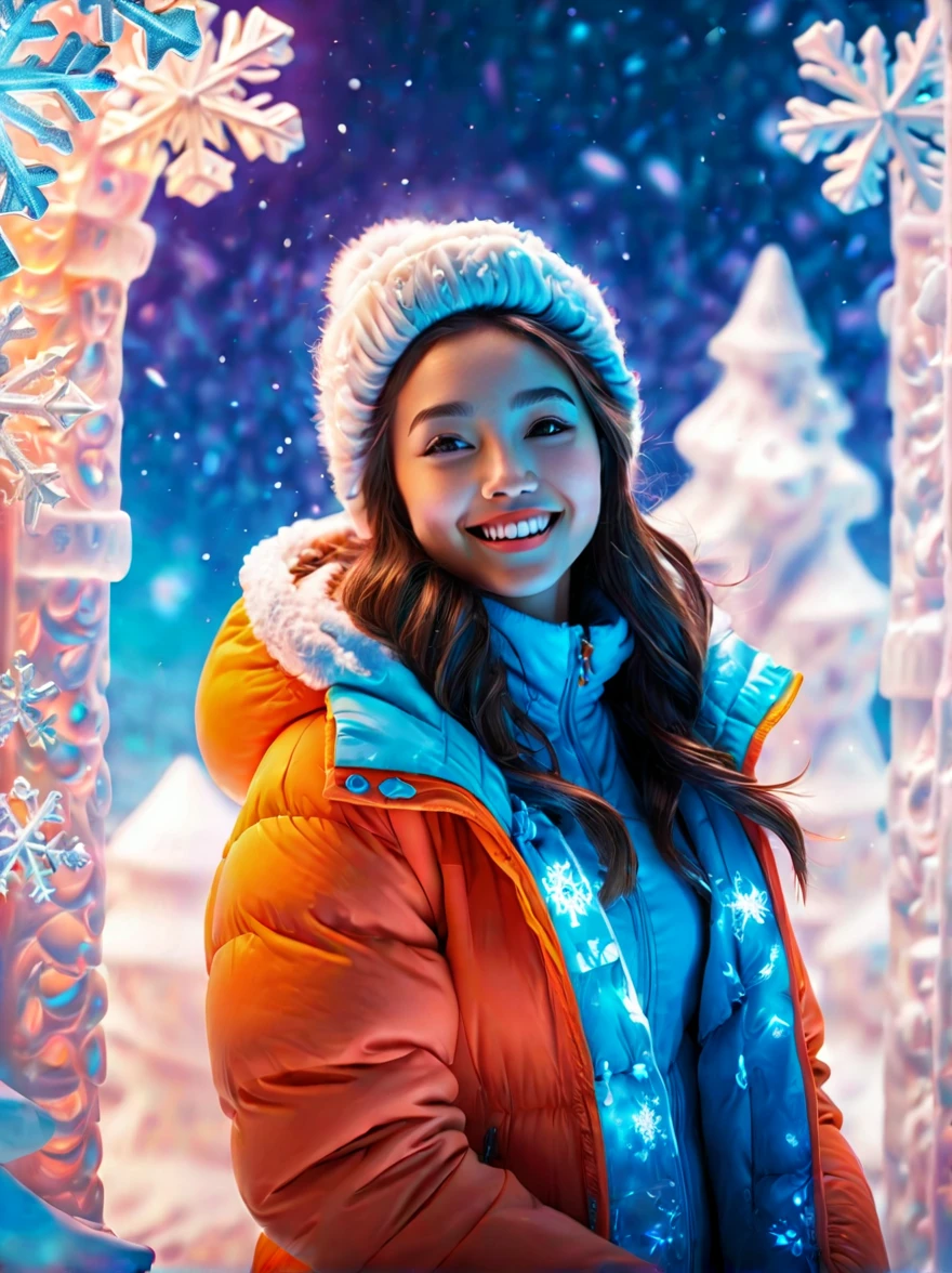 (panoramic:1.5), An imaginative and detailed illustration of a fantasy female friend, depicted as a cute and beautiful girl. Her face is lit up with a happy smile, and she is fashionably dressed in a bright orange puffer jacket. The setting is a magical ice sculpture world, with an icy, snowy landscape filled with snowflakes. The girl is a blend of wisdom, beauty, and diligence, representing a sweet and ideal character. The image is created with creative flair, showcasing the girl enjoying herself in this enchanting, frosty environment, embodying a sense of joy and wonder, (Ultra high saturation, bright and vivid colors: 1.5), (nsfw), (Facing the viewer: 1.5)