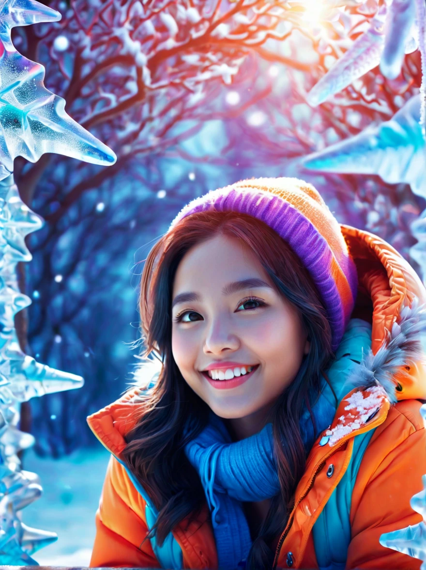 (panoramic:1.5), An imaginative and detailed illustration of a fantasy female friend, depicted as a cute and beautiful girl. Her face is lit up with a happy smile, and she is fashionably dressed in a bright orange puffer jacket. The setting is a magical ice sculpture world, with an icy, snowy landscape filled with snowflakes. The girl is a blend of wisdom, beauty, and diligence, representing a sweet and ideal character. The image is created with creative flair, showcasing the girl enjoying herself in this enchanting, frosty environment, embodying a sense of joy and wonder, (Ultra high saturation, bright and vivid colors: 1.5), (nsfw), (Facing the viewer: 1.5)