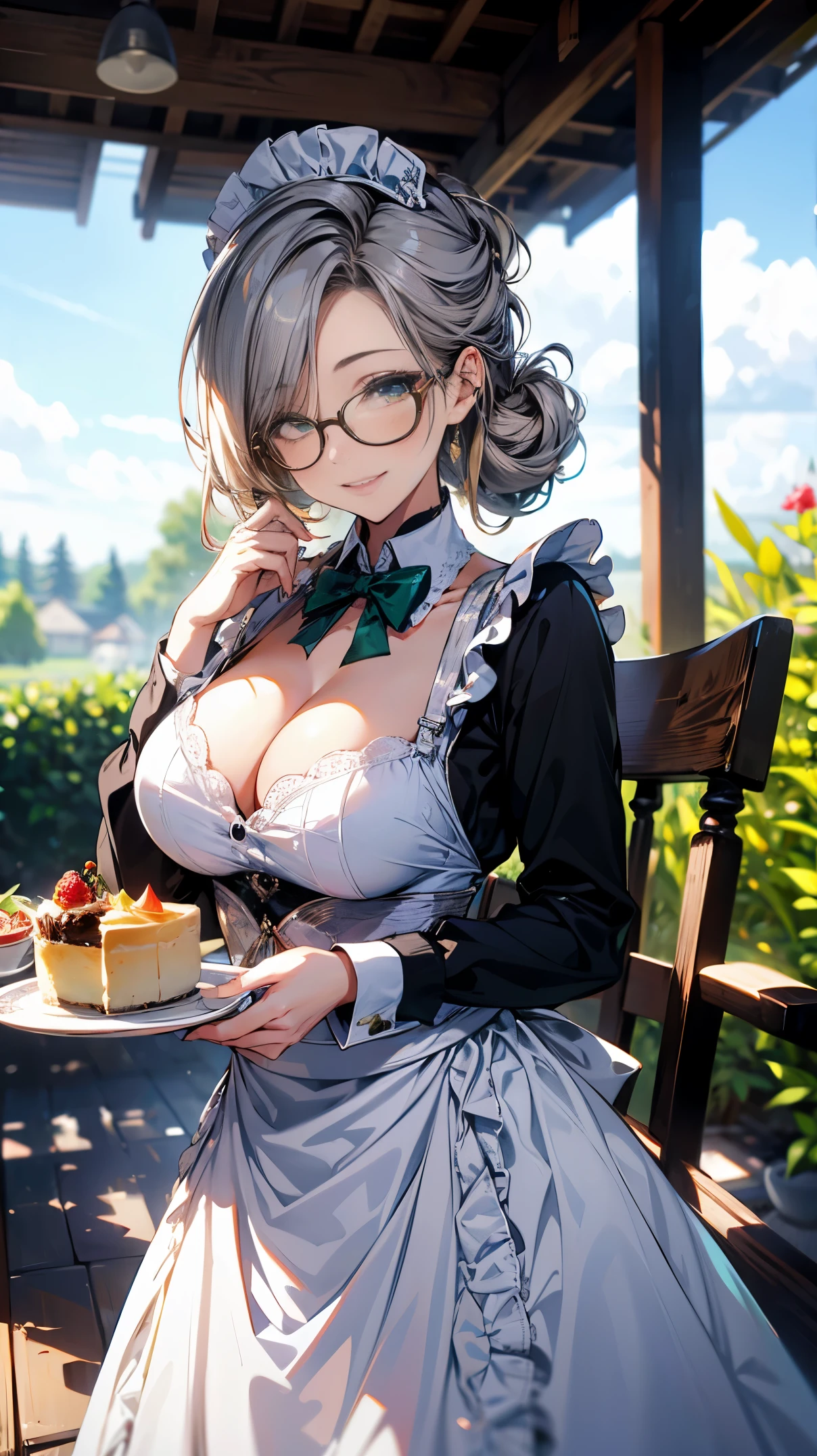 (best quality, masterpiece), (ultra high resolution, 8K RAW photo, photo realistics:1.5, cinematic lighting, textile shading, thin outline, clear focus:1.2), Beautuful Matured woman preparing tea_party in the garden, standing by the round table, (pouring tea into a cup from a tea-pot:1.2), leaning forward, (meisen's tea set, tea pot, tea cups, some cakes on dish), delicate and classy British style white table with gold accents and royal_blue, (wearing dark-green maid uniform:1.5, breast cleavage, green maid costume:1.2, long flare skirts, apron, bow ties on the chest), long tall sally, long legs, white hair, (wearing thin-flame glasses:1.2), (milf:1.5, 28 years old, solo), (large breast, sagging breast, big tits, narrow waist), full bodyesbian, (medium short white hair, hair over one eye, (updo hair:1.2), side lock, asymmetric hair, wavy hair), (fine bright pupils, high detailed eyes with highlight:1.3, high detailed face, Perfect face shape, eye rush), (seductitve smiling, half-closing eyes:1.2), (looking at viewers:1.3), (dutch angle, full body:0.3, from below:1.2), ((correct anatomy:1.5, correct hands)), (ideal ratio of body proportions), (outdoor:1.2, grass field), 