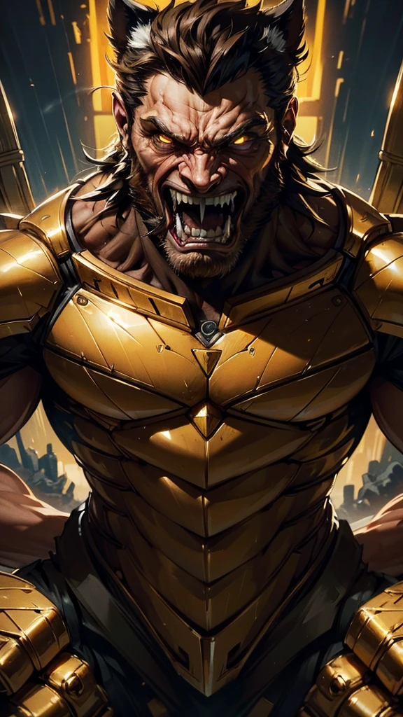 (best quality,highres:1.2),ultra-detailed, realistic, Wolverine in golden mechanical suit, furious, with open mouth showing thick white teeth, and emitting lots of smoke from his mouth, serious pose, clenched fists with sharp golden claws