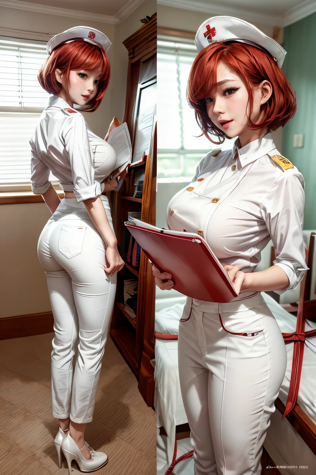 chris、25 years old、Redhead shortcuts、white nurse's pants uniform、white stockings、having clipboard tall、beautiful woman, giga_busty