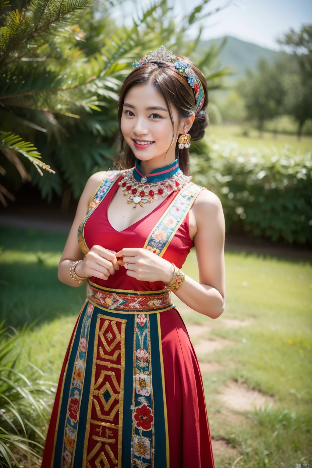 (8K分辨率,Vista full body photo),(1womanl,20yr old,(Facial features of Thai Aom:1.8,s delicate face),详细的脸,Redlip,Fair smooth skin,(Classic Hmong costume:1.4,(breastsout、The back is trimmed with floral cloth,The cuffs are multi-colored horizontal bars,Cardigans,Wear short waist-length),Headband silver crown(Silver crown(styling:It is quadrangular and protruding,Wrapped around such as a spiral or eccentricity,Various patterns are printed on the plane),Silver item(Silver collars range from small to large with up to seven circles),silver necklace,Bun hairpin),(pleatedskirt,There is a waistband(Miao embroidery、batik)),耳Nipple Ring,bangle,Tall and tall,The action of conversation,perfect hand,Ultra-fine clothing material),(Traditional Xijiang Miao village,Festive night background in cottage house,Exquisite environmental details),(exhilarated,confident smile,Rejoice),(profesional lighting,动态照明),((The colors are more balanced,(black in color,blue colors,red colour))),(Golden section,Cinema lenses,Hasselblad photograp,tmasterpiece:1.3),(Miaozhai idol,Focus in the field,trendsetting,Folklore artist,Art platform)