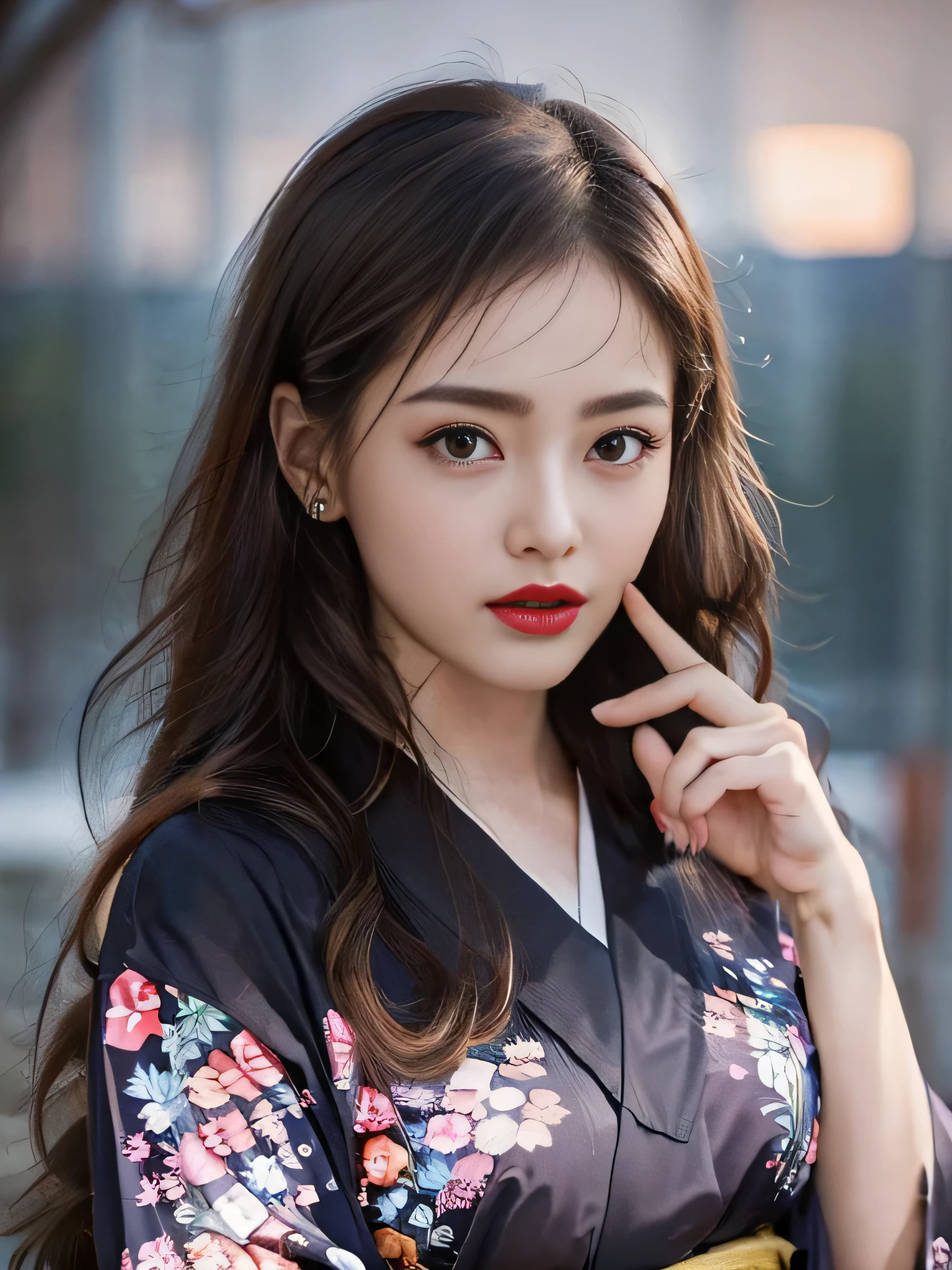 1 female、(super beautiful)、(Beautiful and sad face:1.5)、(detailed face:1.4)、Early 30s、(red pattern on black kimono:1.3)、(Wearing heavy makeup)、(red lips:1.3)、brown hair、(Just after sunset:1.2)、(The sky changes from sunset to night:1.3)、(Backlight)、If someone takes you、I want to kill you、Joren Falls、I want to see you even if I pass through the dazzling flames、Mountain. Gancheng、unforgivable love