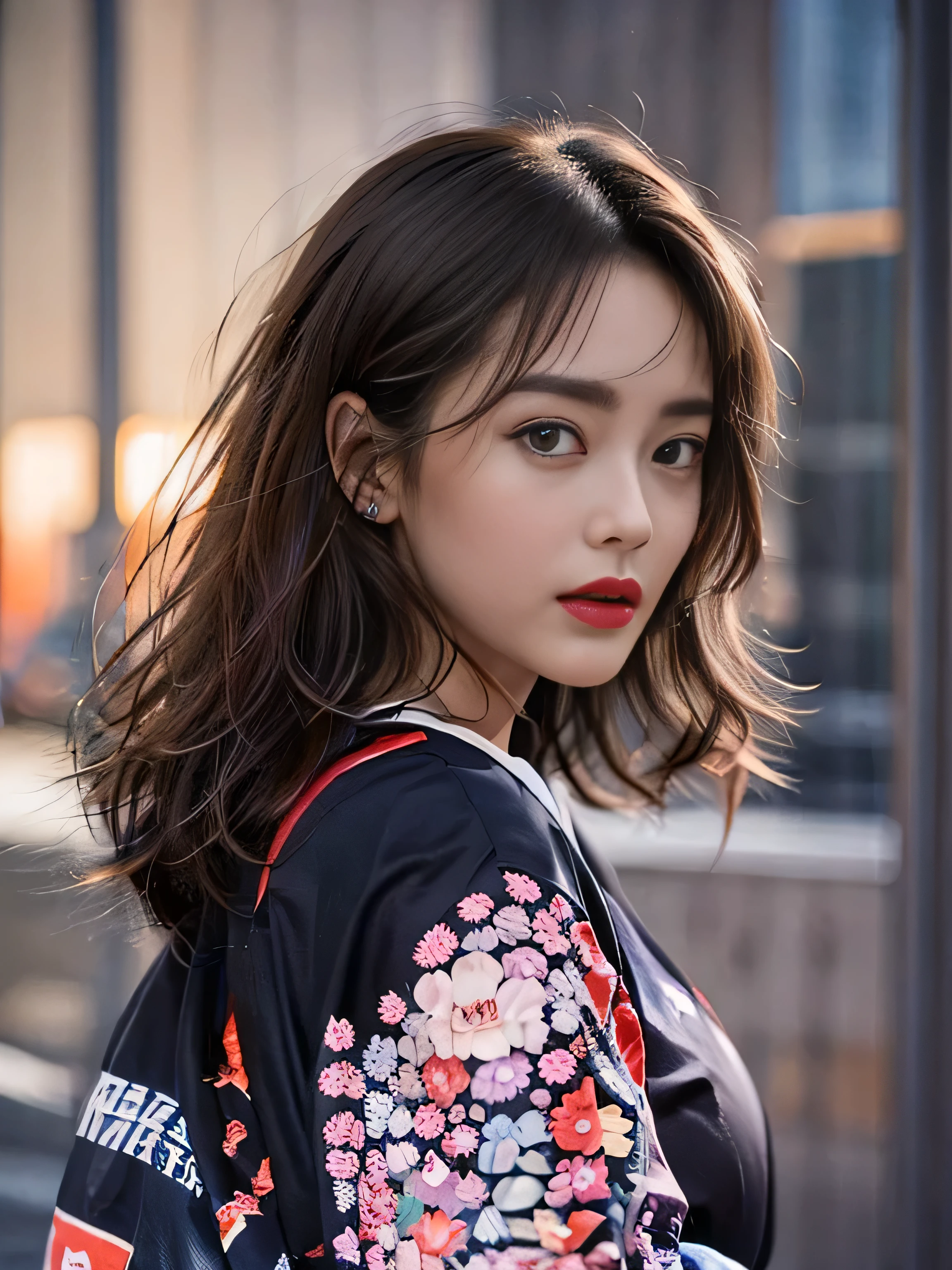 1 female、(super beautiful)、(Beautiful and sad face:1.5)、(detailed face:1.4)、Early 30s、(red pattern on black kimono:1.3)、(Wearing heavy makeup)、(red lips:1.3)、brown hair、(Just after sunset:1.2)、(The sky changes from sunset to night:1.3)、(Backlight)、If someone takes you、I want to kill you、Joren Falls、I want to see you even if I pass through the dazzling flames、Mountain. Gancheng、unforgivable love