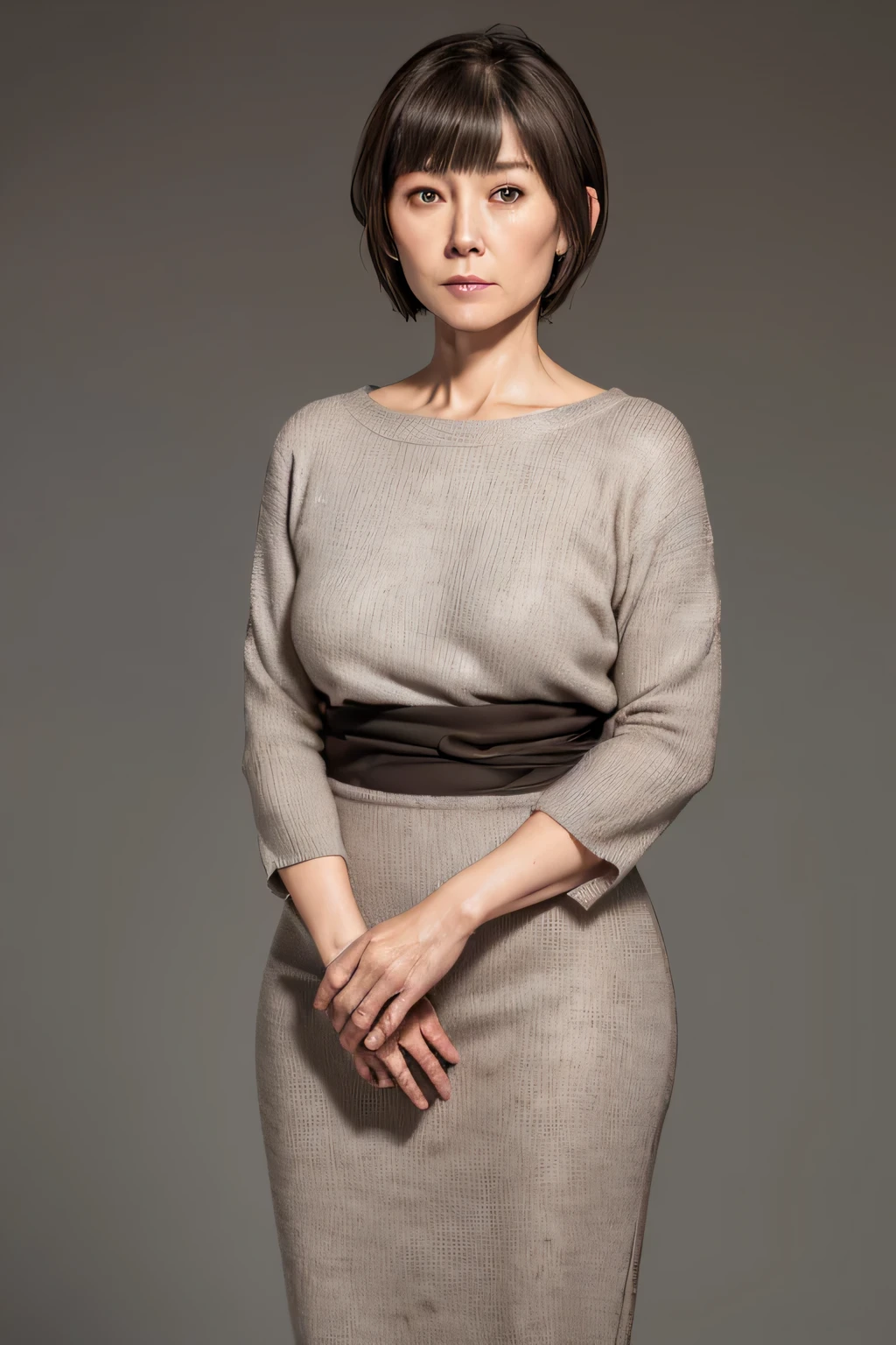 High resolution, High resolution, high detail, realistic, rough skin, anatomically correct, sharp,
gray background,
((stand facing forward、Staring at the viewer'serious face eyes.))
sweater, skirt,
((60 year old Japan mature woman, bangs, well-shaped small breasts, Messy light brown medium hair)),
high heels on feet, full body photo