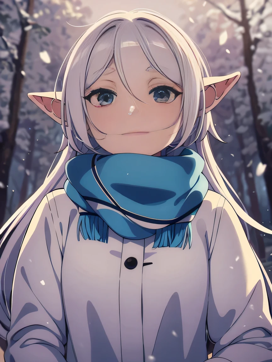 Elf woman wearing a freelen-style scarf, The main character of the anime "Freelen&#39;s funeral". The scarf is tied around the neck like a ribbon., Fringe on both ends. she is wearing a long white winter coat, I have long blonde hair (twin tails), blue eyes, and a gentle smile. The background is a snowy forest. The ribbon shape of the scarf stands out more. The scarf is light blue, Same color as Freelen&#39;s scarf in the anime. 4K high resolution image