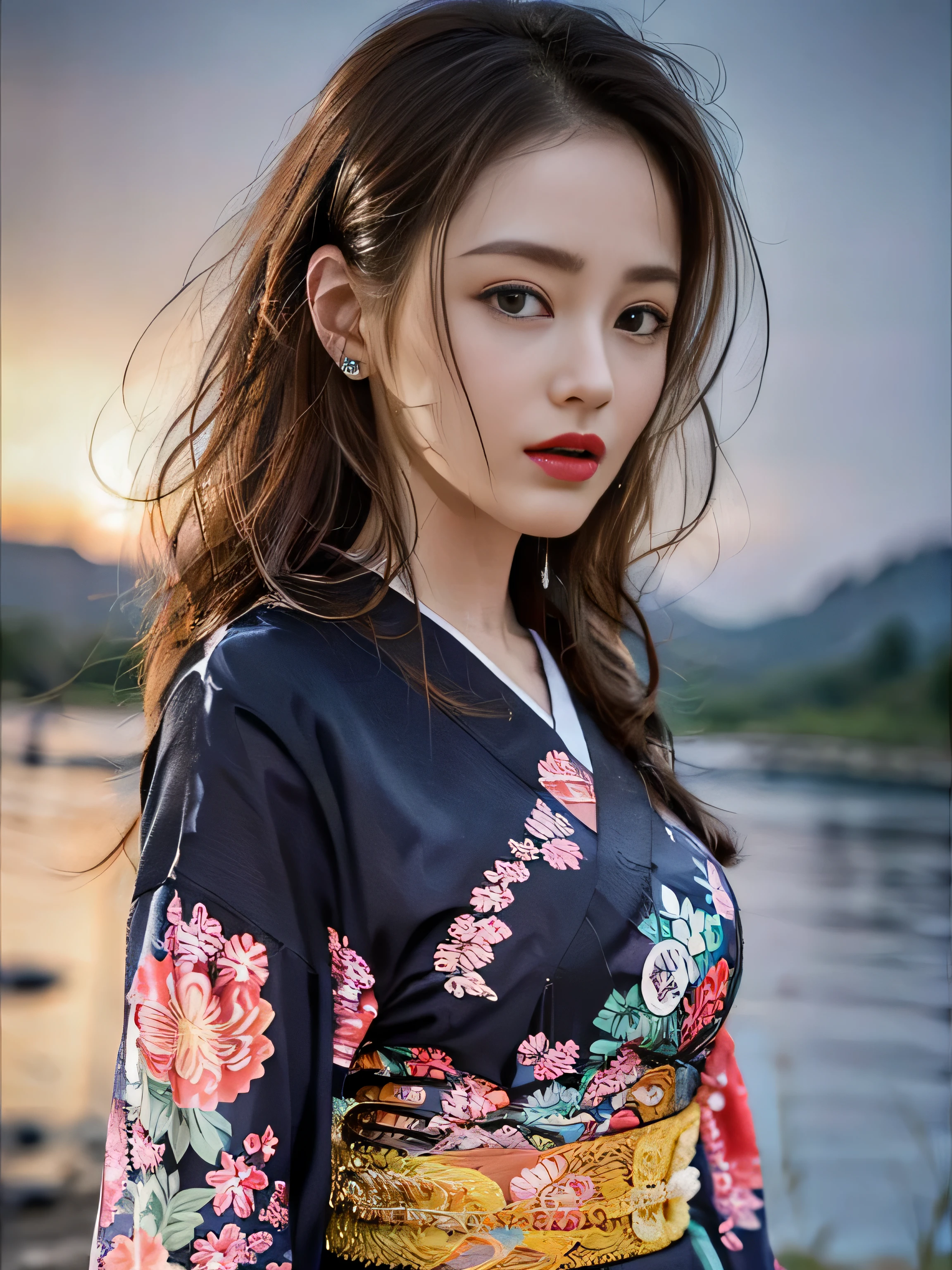 1 female、(super beautiful)、(Beautiful and sad face:1.5)、(detailed face:1.4)、Early 30s、(red pattern on black kimono:1.3)、(Wearing heavy makeup)、(red lips:1.3)、brown hair、(Just after sunset:1.2)、(The sky changes from sunset to night:1.3)、(Backlight)、If someone takes you、I want to kill you、Joren Falls、I want to see you even if I pass through the dazzling flames、Mountain. Gancheng、unforgivable love