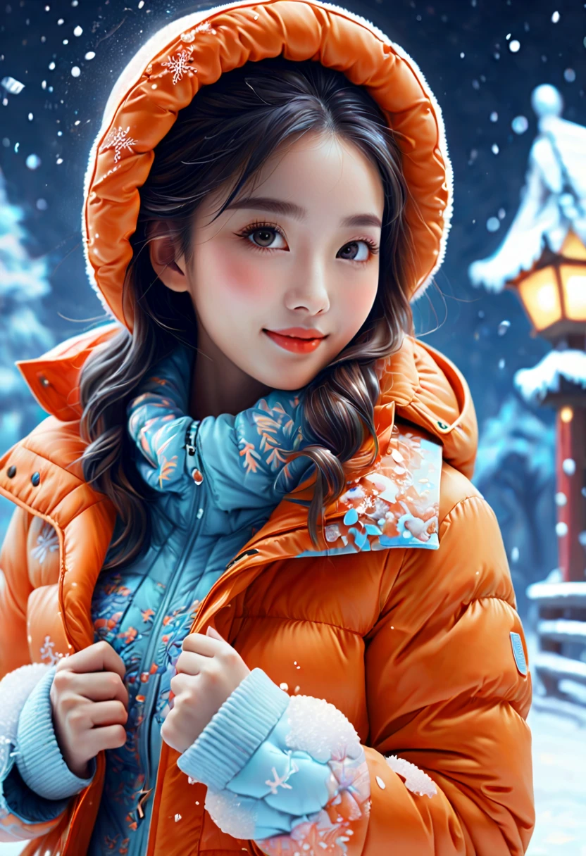 An imaginative and detailed illustration of a fantasy female friend, depicted as a cute and beautiful girl. Her face is lit up with a happy smile, and she is fashionably dressed in a bright orange puffer jacket. The setting is a magical ice sculpture world, with an icy, snowy landscape filled with snowflakes. The girl is a blend of wisdom, beauty, and diligence, representing a sweet and ideal character. The image is created with creative flair, showcasing the girl enjoying herself in this enchanting, frosty environment, embodying a sense of joy and wonder, , (花卉水彩画:1.5)，(超高饱和度, 色彩明亮鲜艳:1.5), (nsfw), (正面看着观众:1.5)